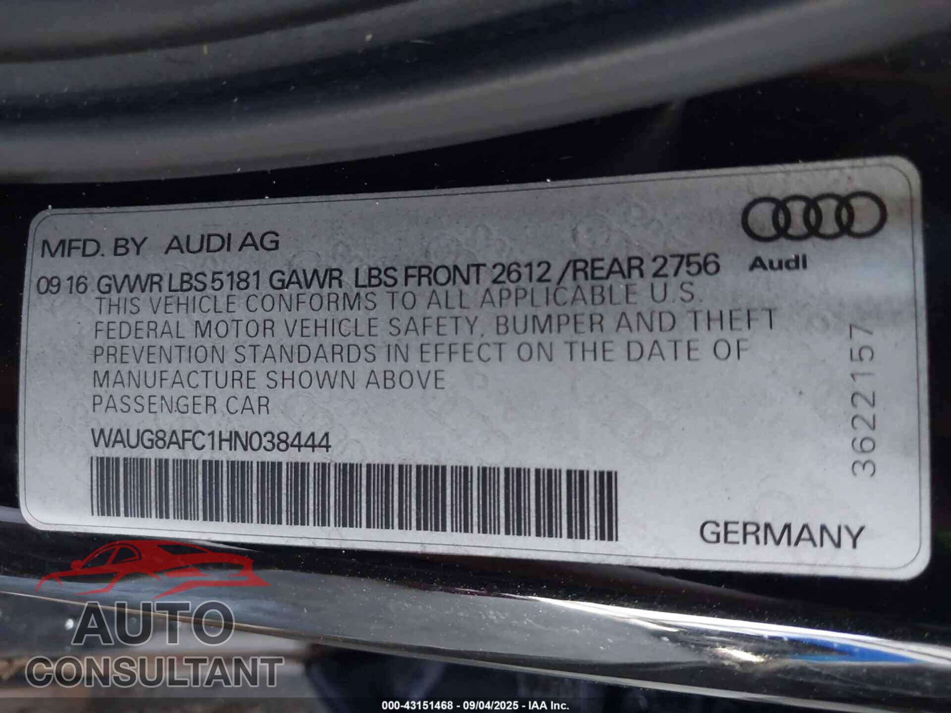 AUDI A6 2017 - WAUG8AFC1HN038444