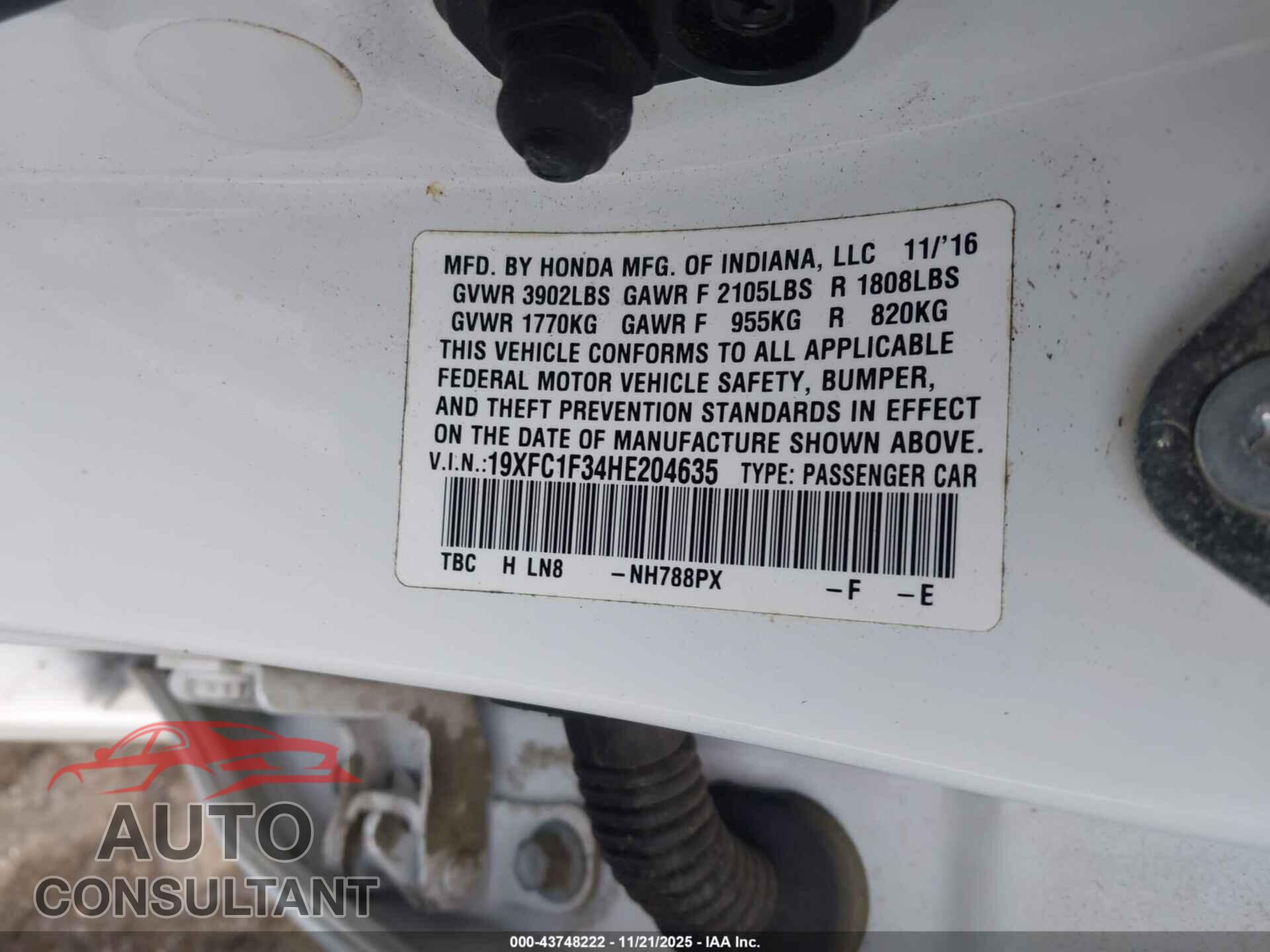 HONDA CIVIC 2017 - 19XFC1F34HE204635