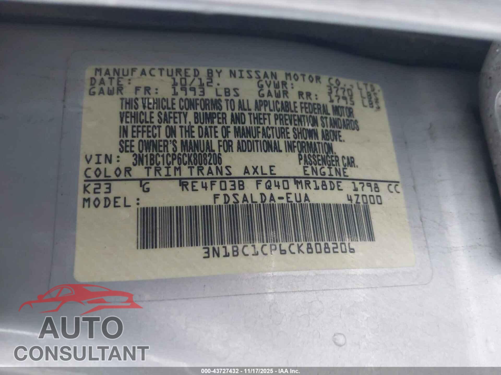 NISSAN VERSA 2012 - 3N1BC1CP6CK808206