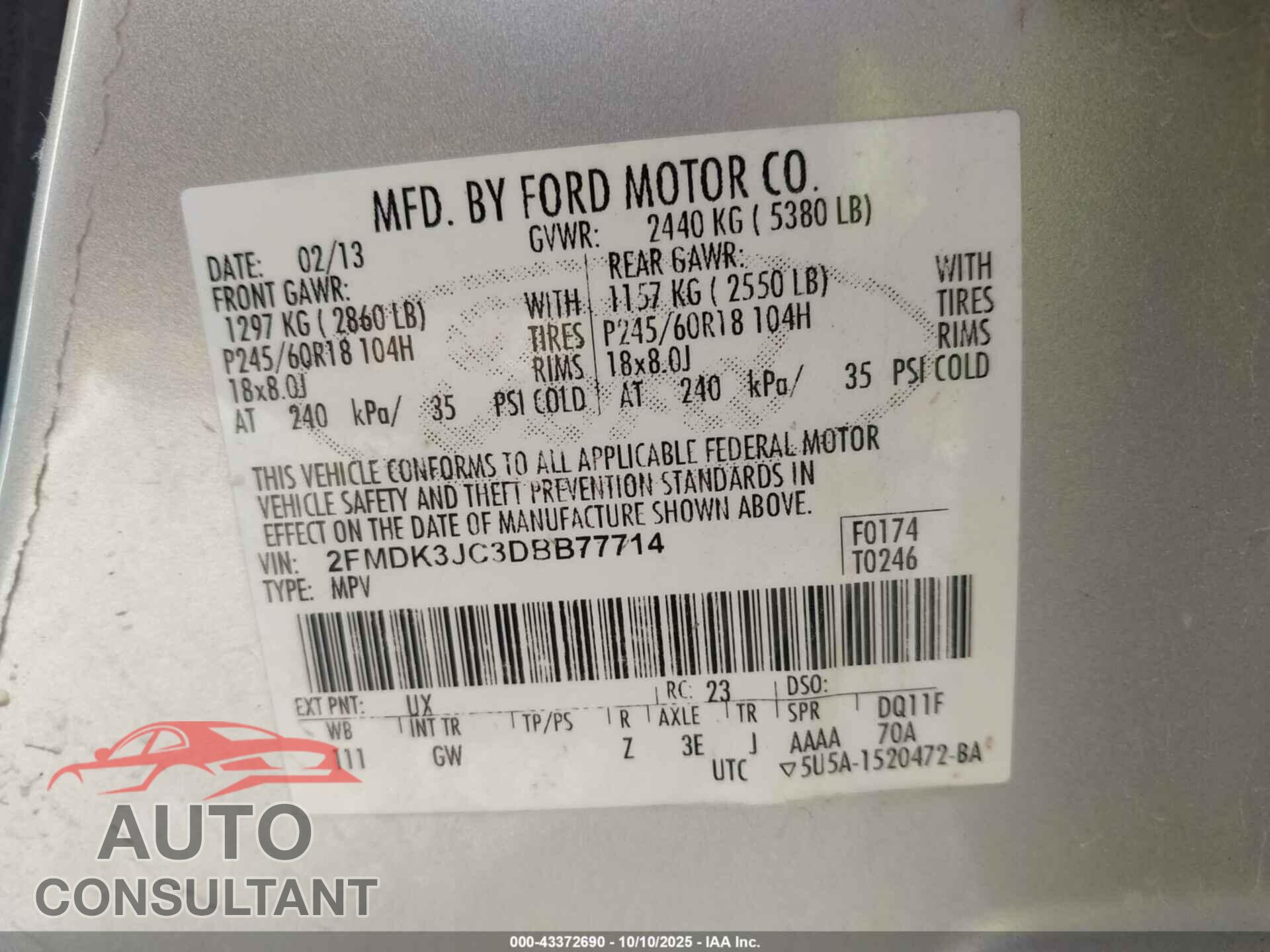 FORD EDGE 2013 - 2FMDK3JC3DBB77714