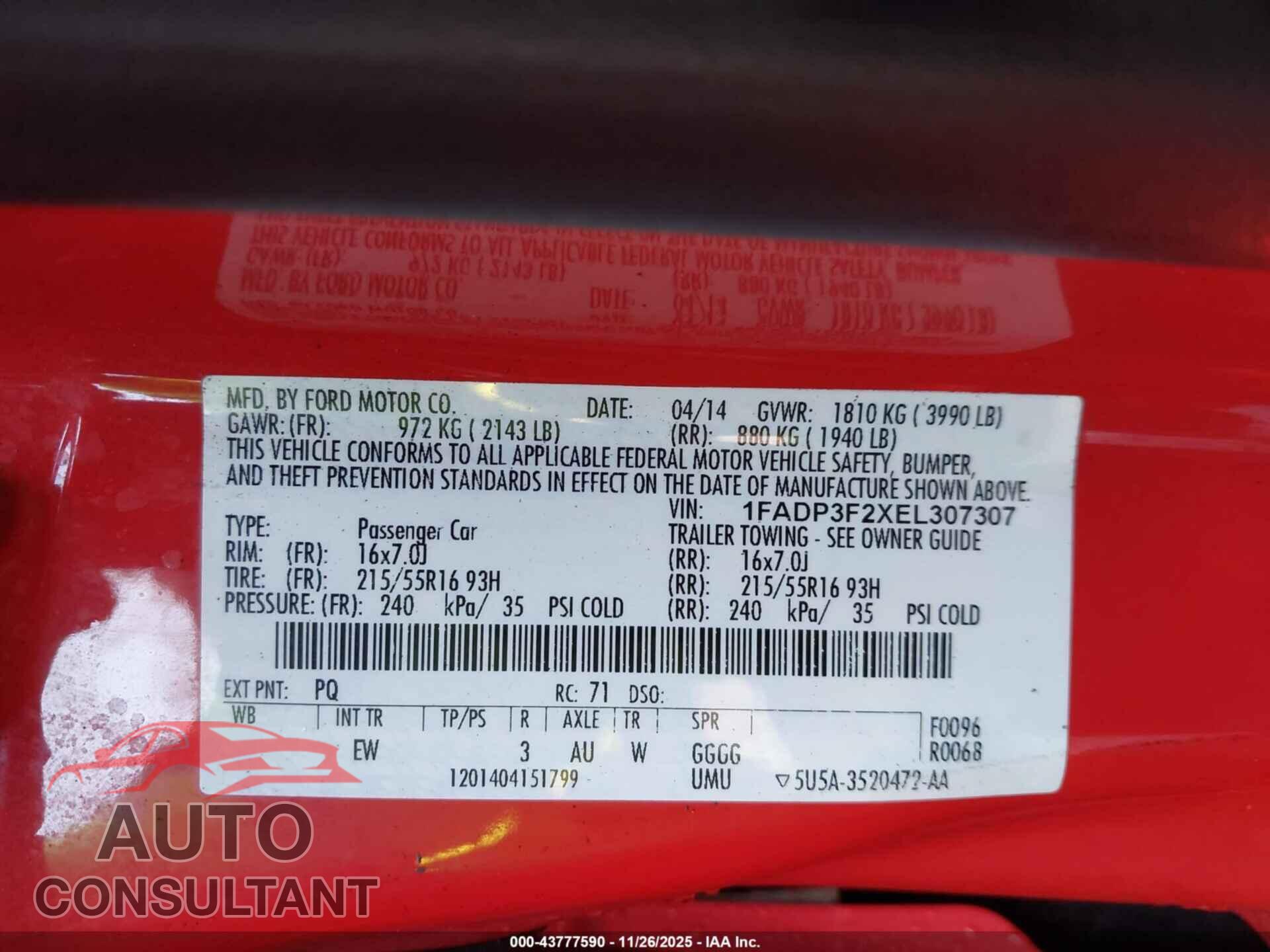 FORD FOCUS 2014 - 1FADP3F2XEL307307