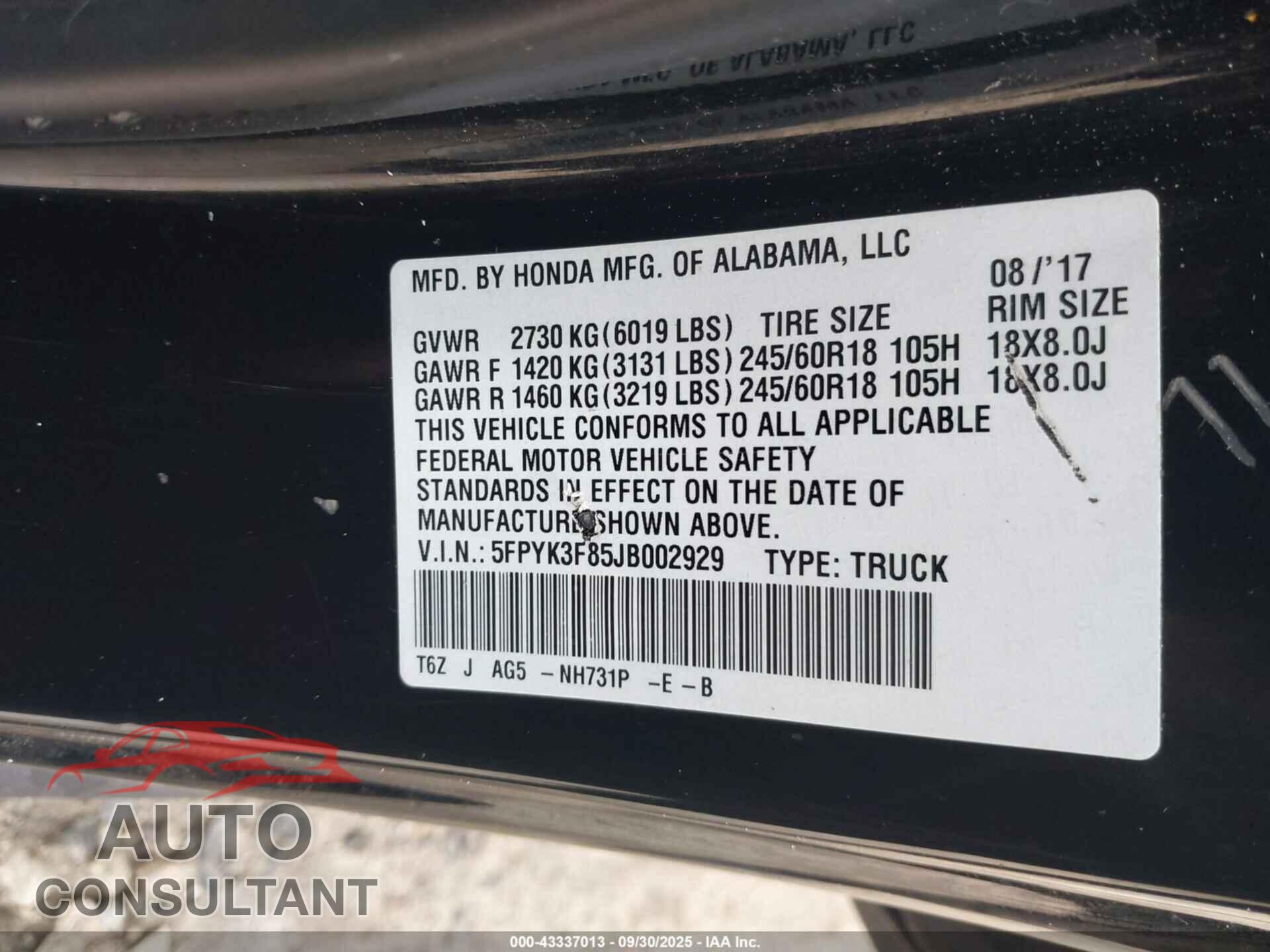 HONDA RIDGELINE 2018 - 5FPYK3F85JB002929