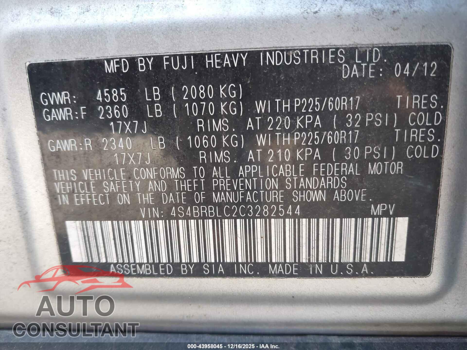 SUBARU OUTBACK 2012 - 4S4BRBLC2C3282544