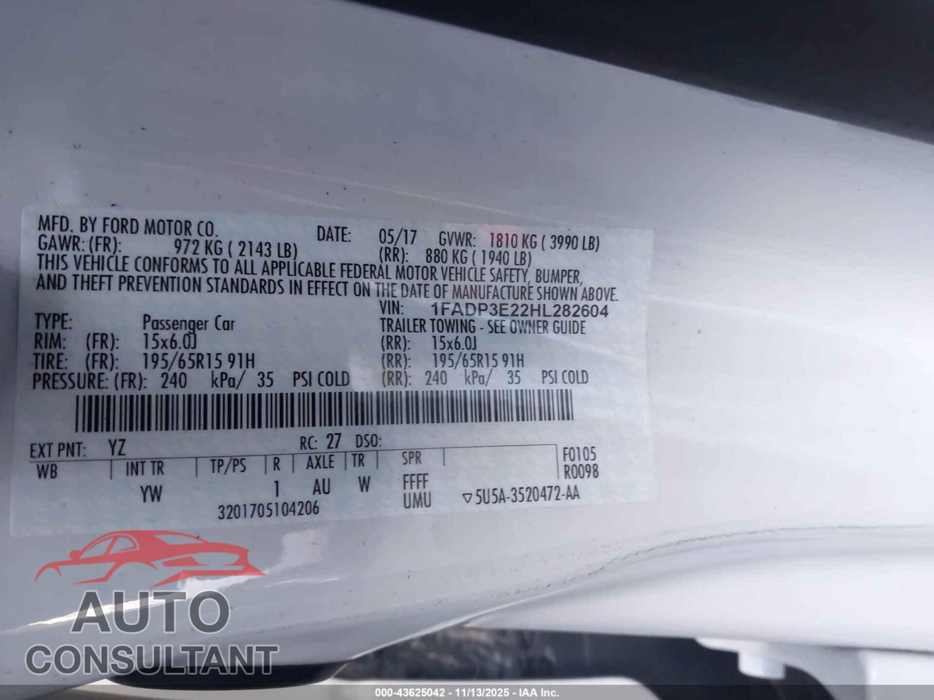 FORD FOCUS 2017 - 1FADP3E22HL282604