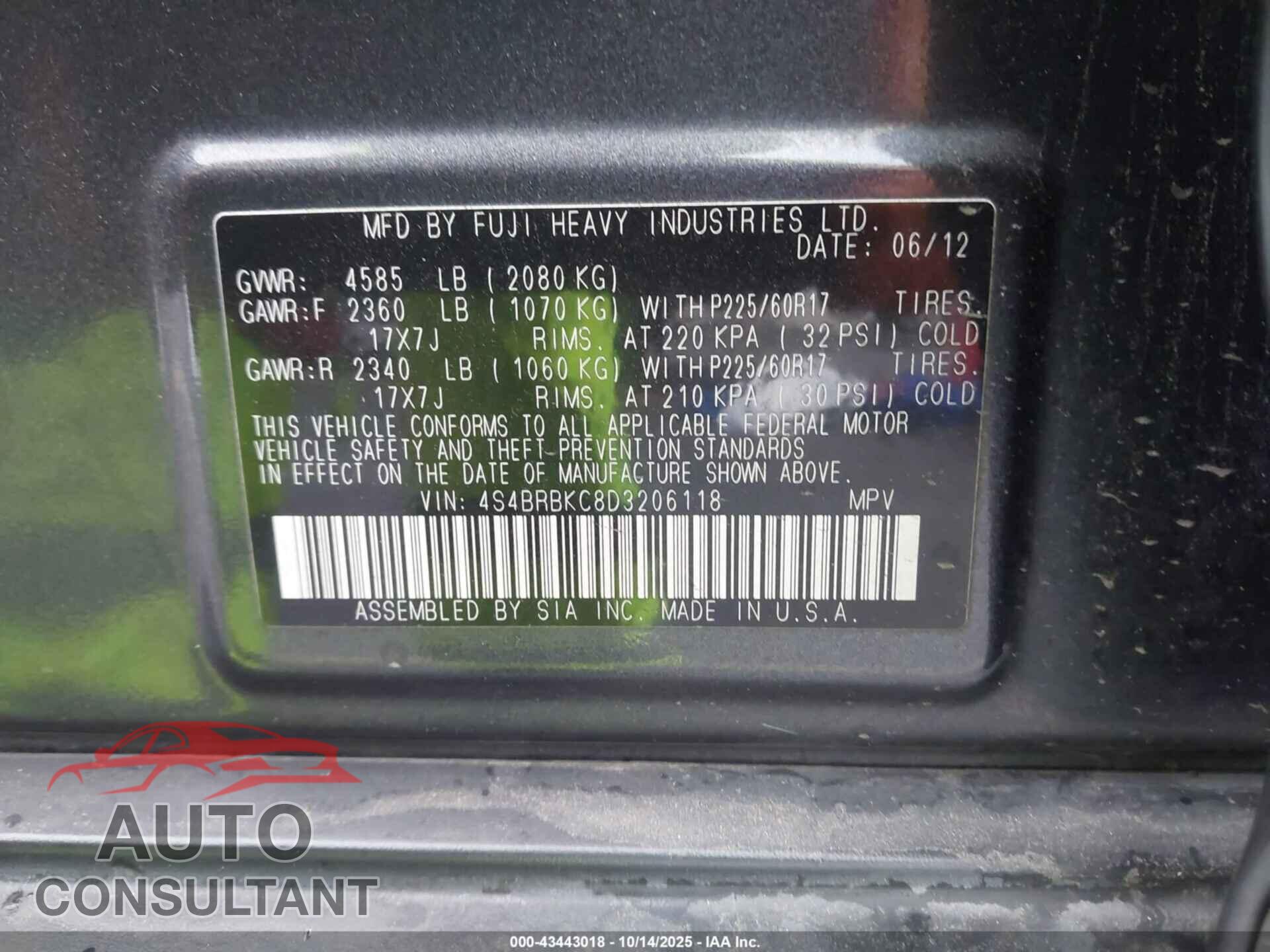 SUBARU OUTBACK 2013 - 4S4BRBKC8D3206118