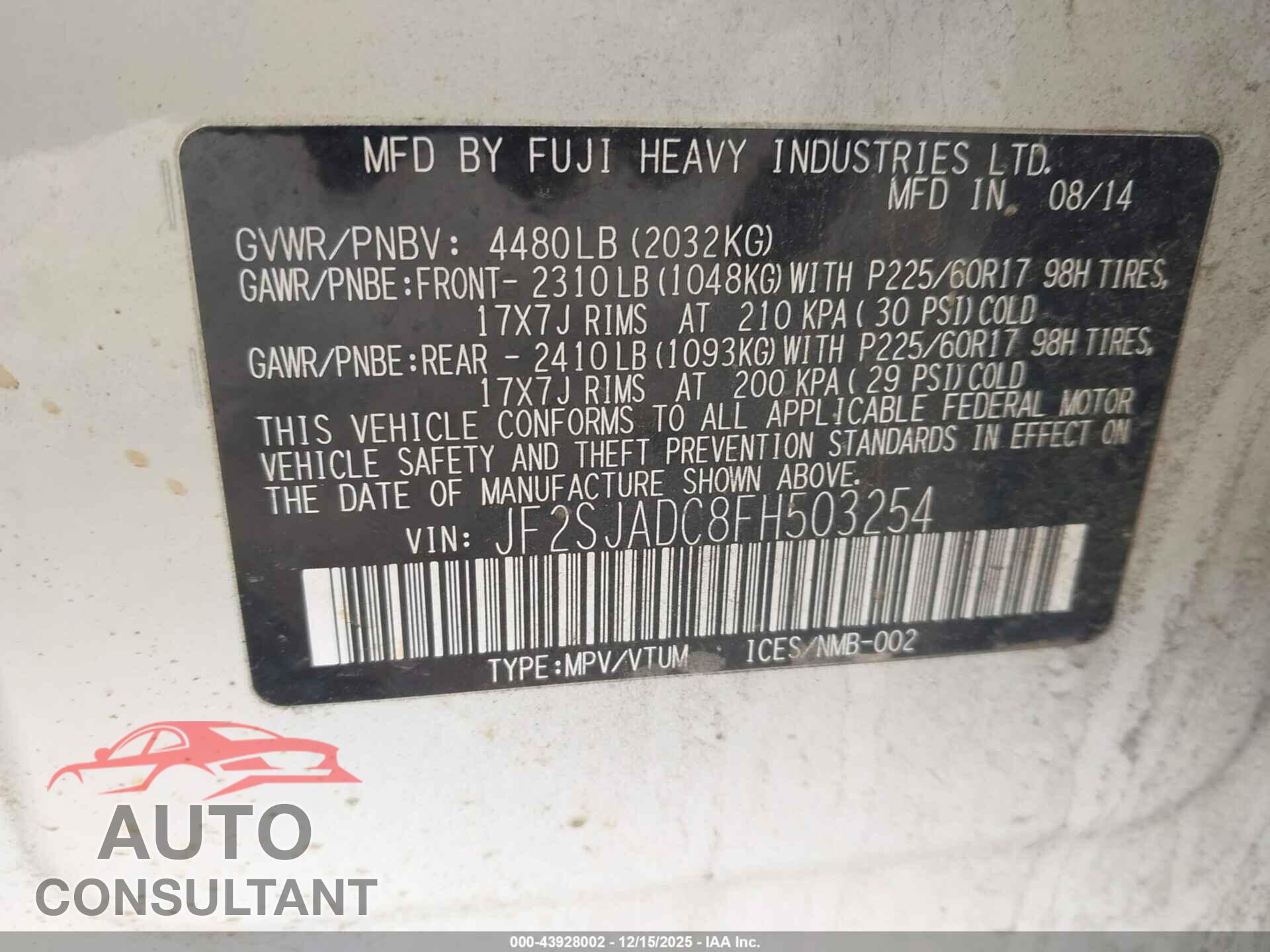 SUBARU FORESTER 2015 - JF2SJADC8FH503254