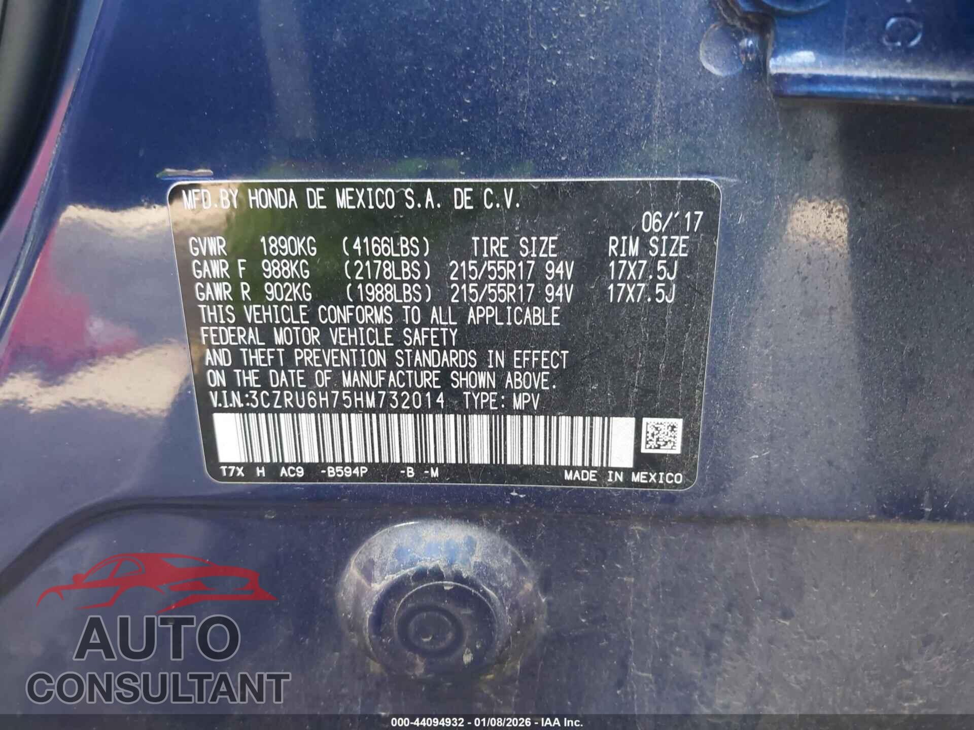 HONDA HR-V 2017 - 3CZRU6H75HM732014