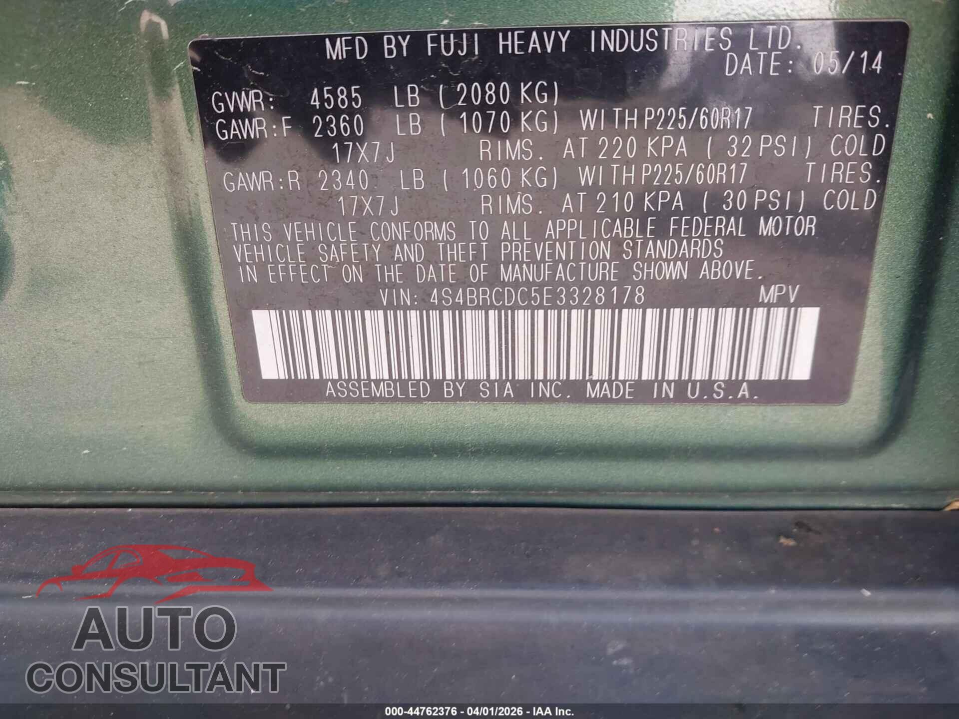 SUBARU OUTBACK 2014 - 4S4BRCDC5E3328178