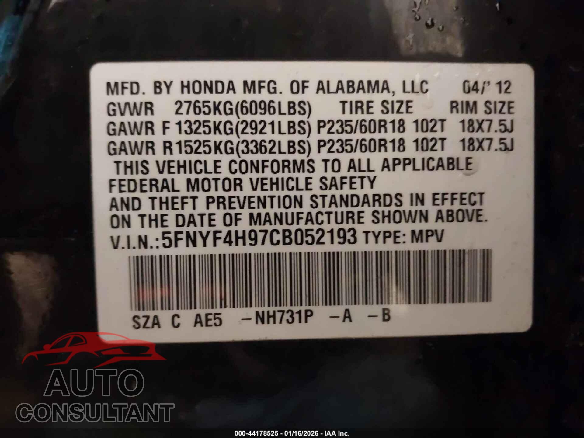 HONDA PILOT 2012 - 5FNYF4H97CB052193