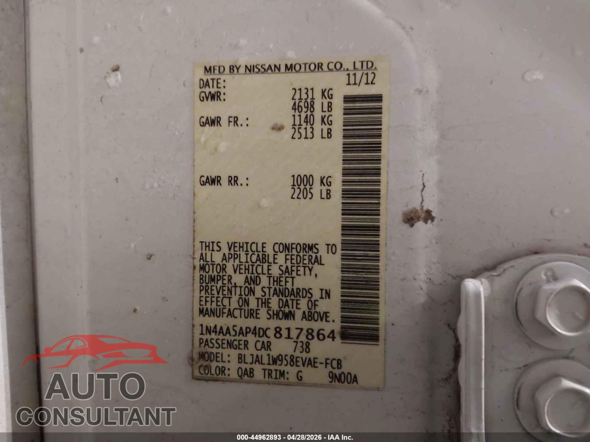 NISSAN MAXIMA 2013 - 1N4AA5AP4DC817864