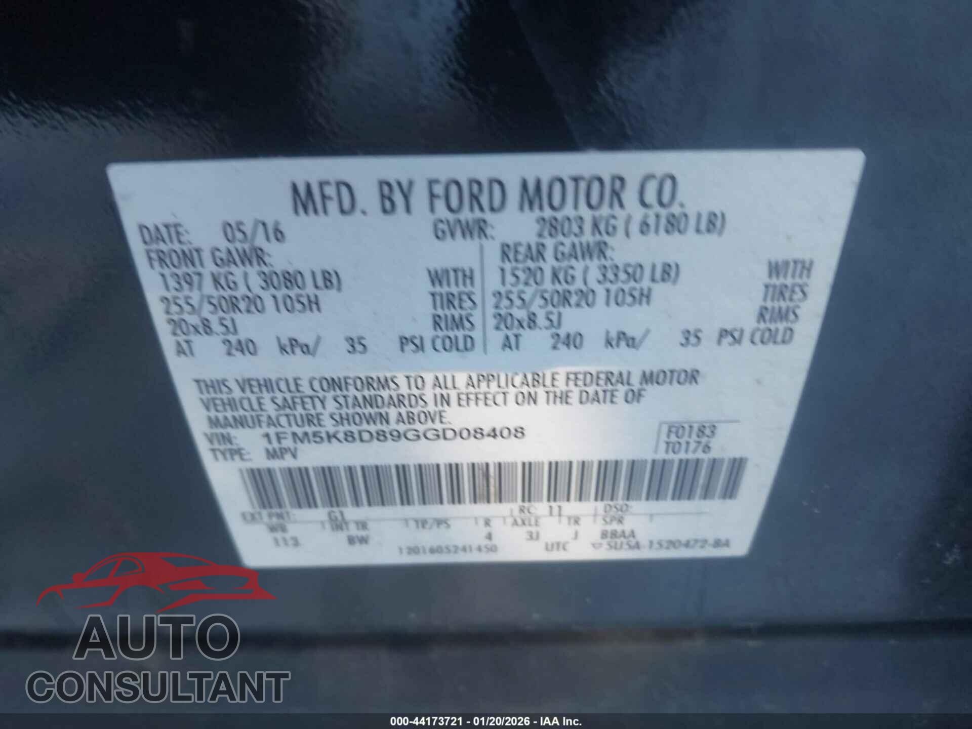 FORD EXPLORER 2016 - 1FM5K8D89GGD08408