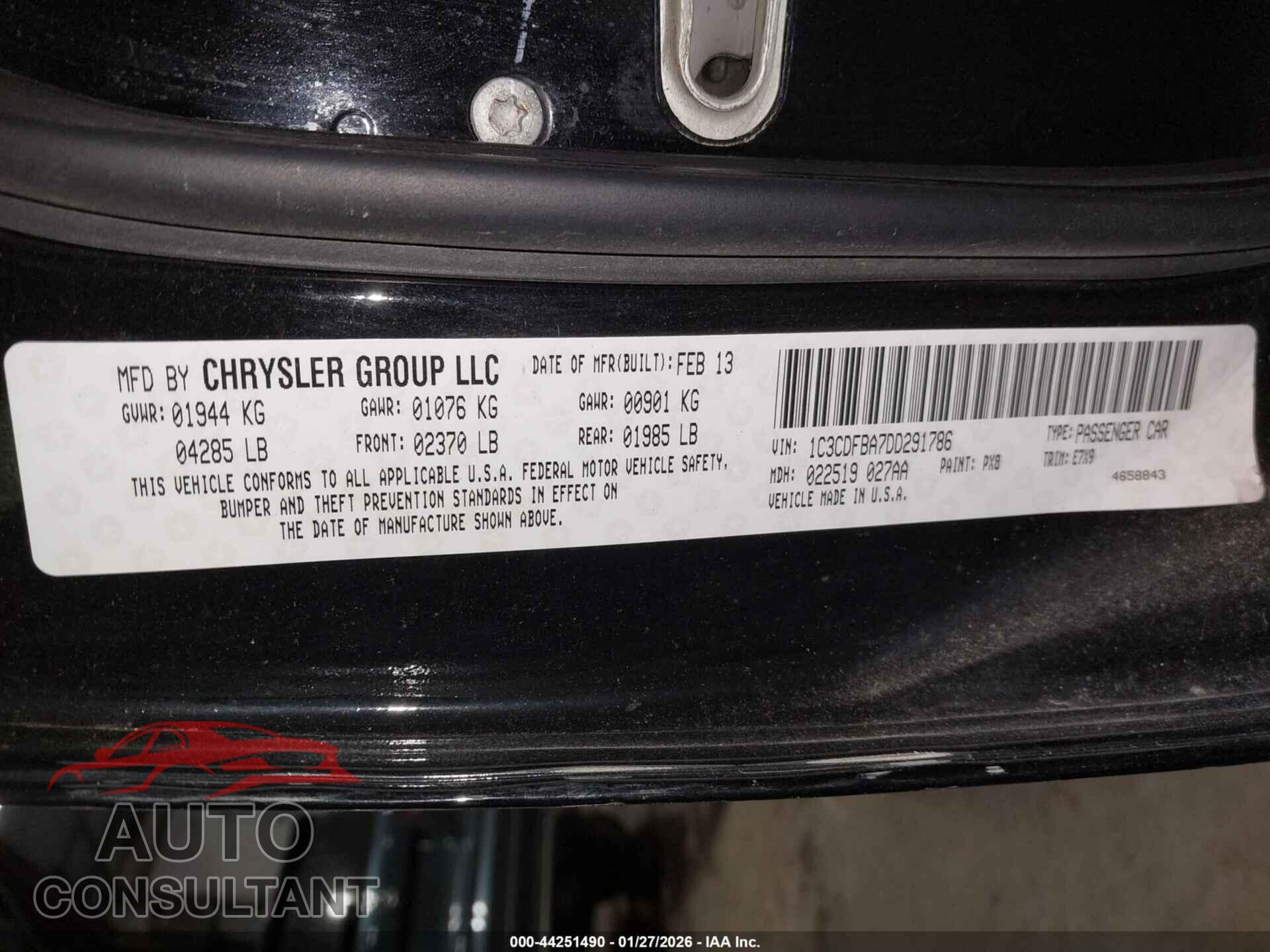 DODGE DART 2013 - 1C3CDFBA7DD291786