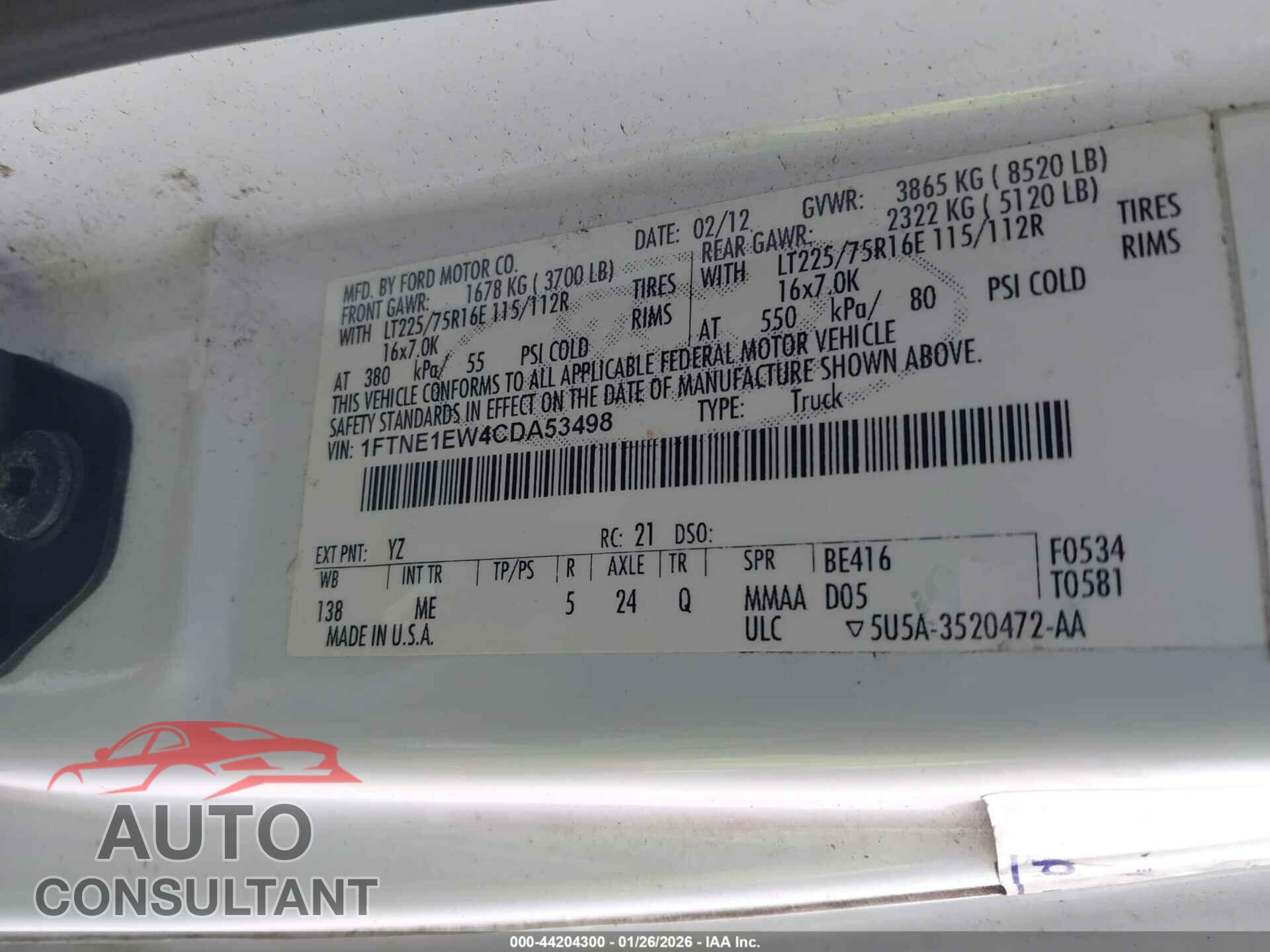 FORD E-150 2012 - 1FTNE1EW4CDA53498