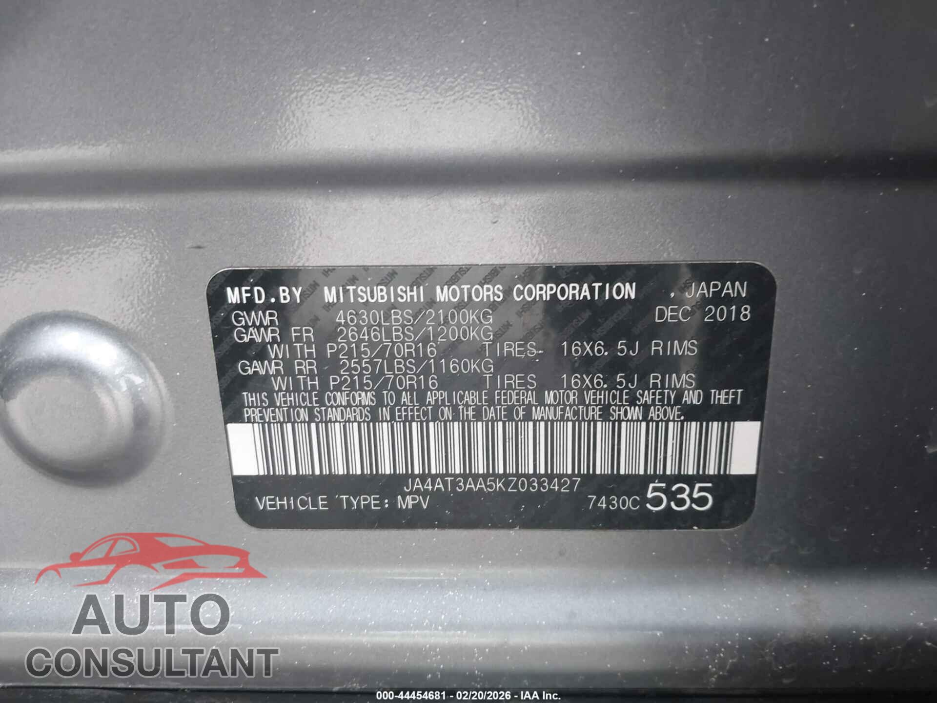 MITSUBISHI ECLIPSE CROSS 2019 - JA4AT3AA5KZ033427