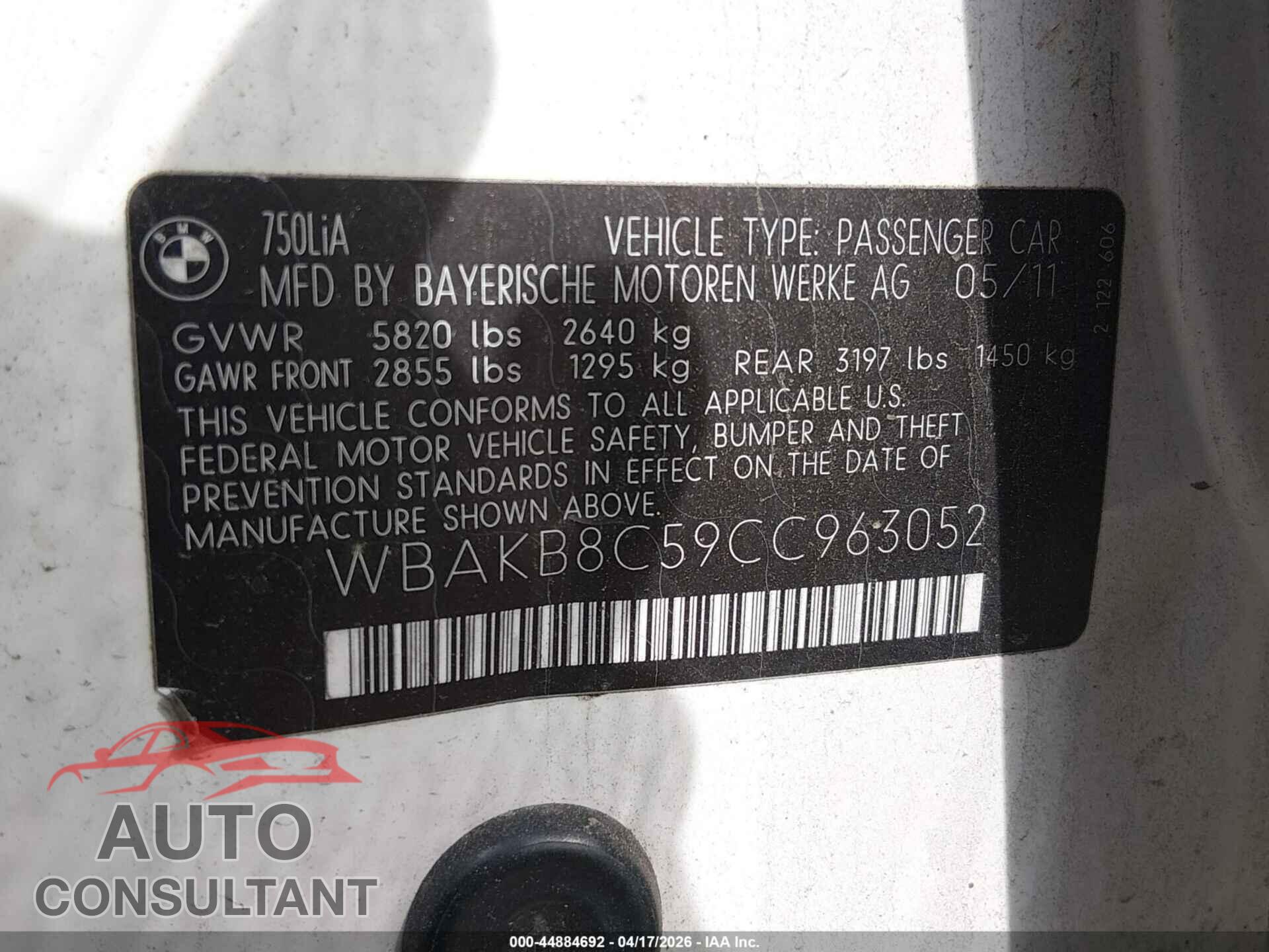 BMW 750LI 2012 - WBAKB8C59CC963052