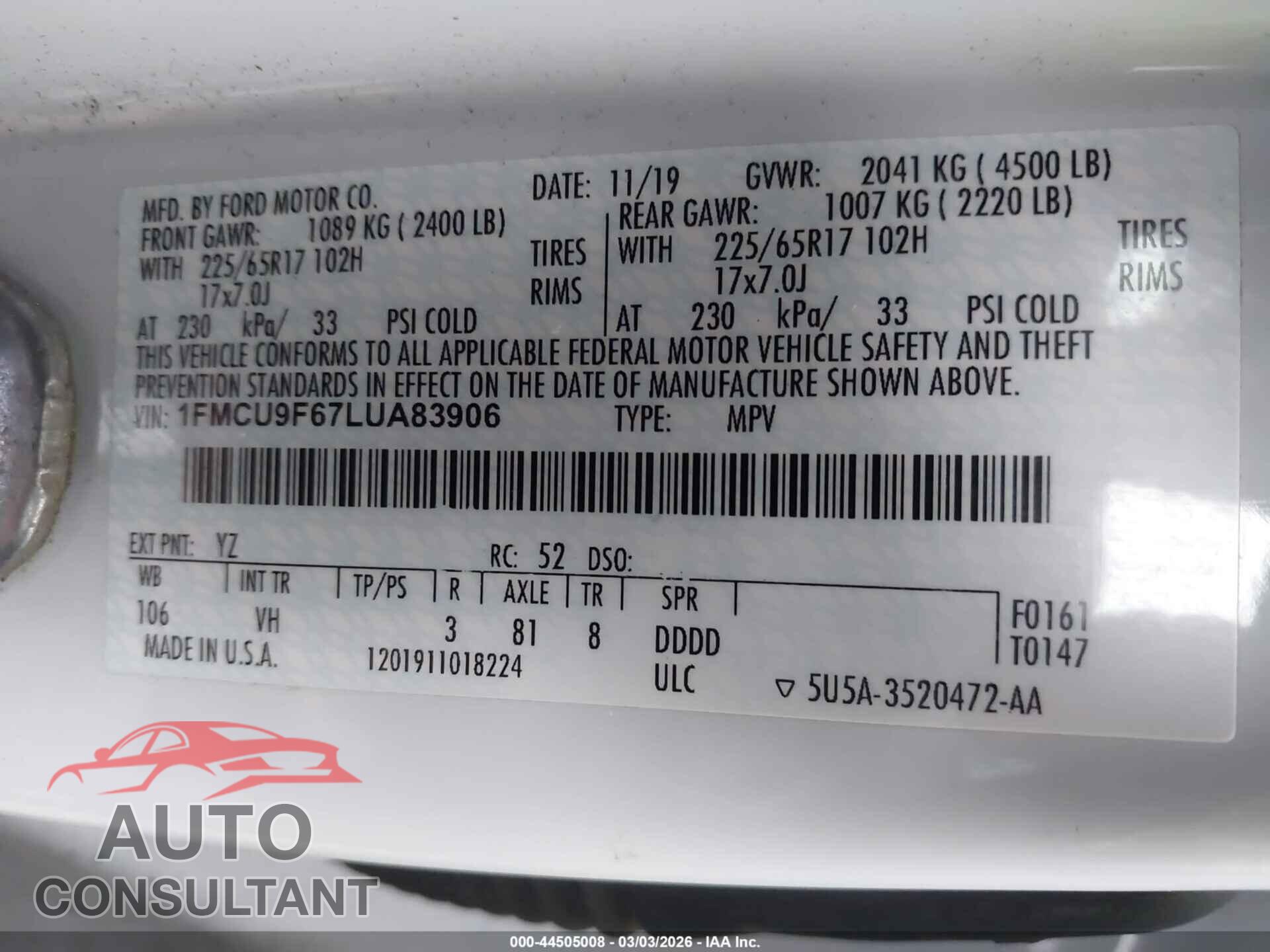 FORD ESCAPE 2020 - 1FMCU9F67LUA83906