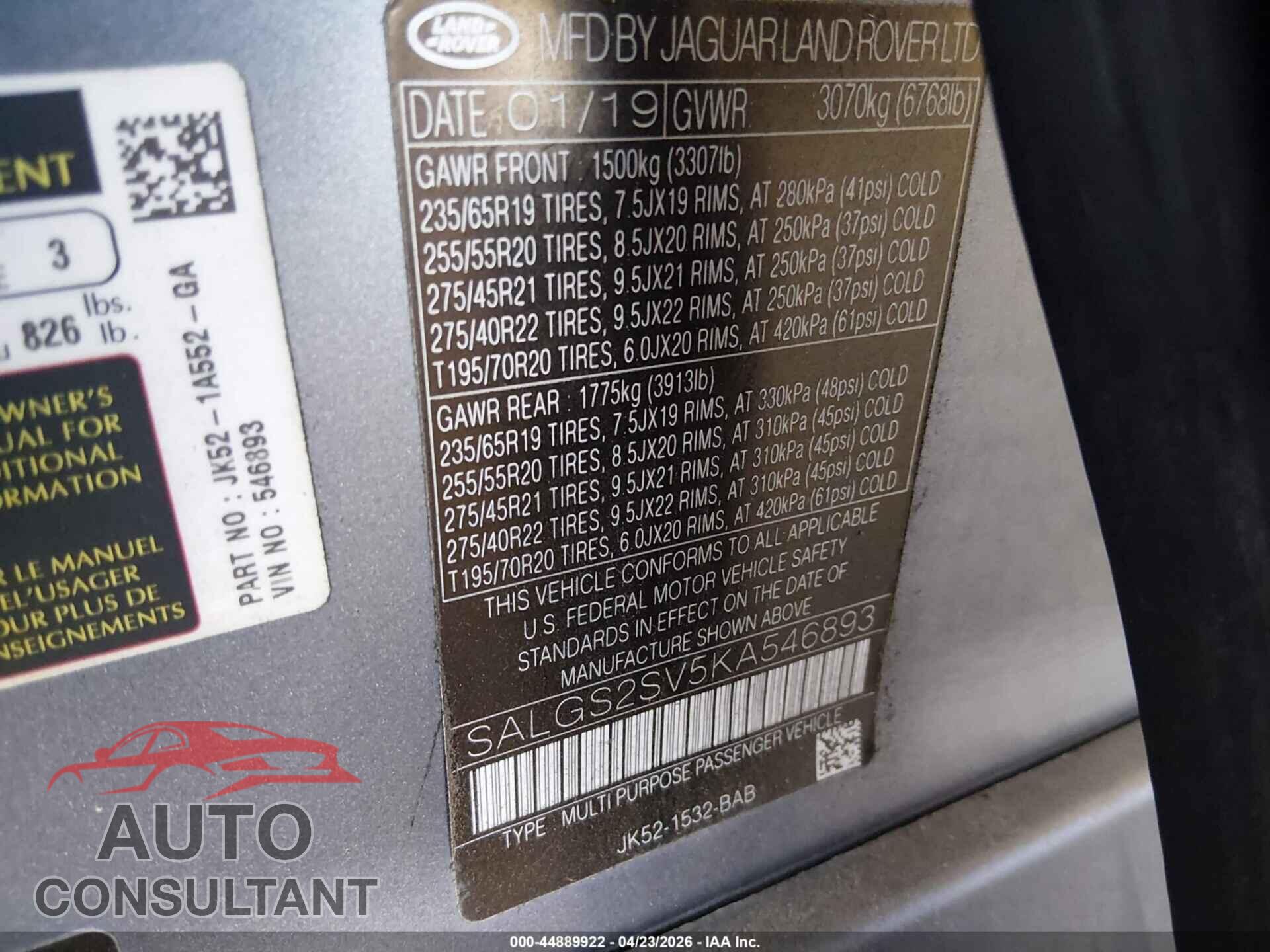 LAND ROVER RANGE ROVER 2019 - SALGS2SV5KA546893