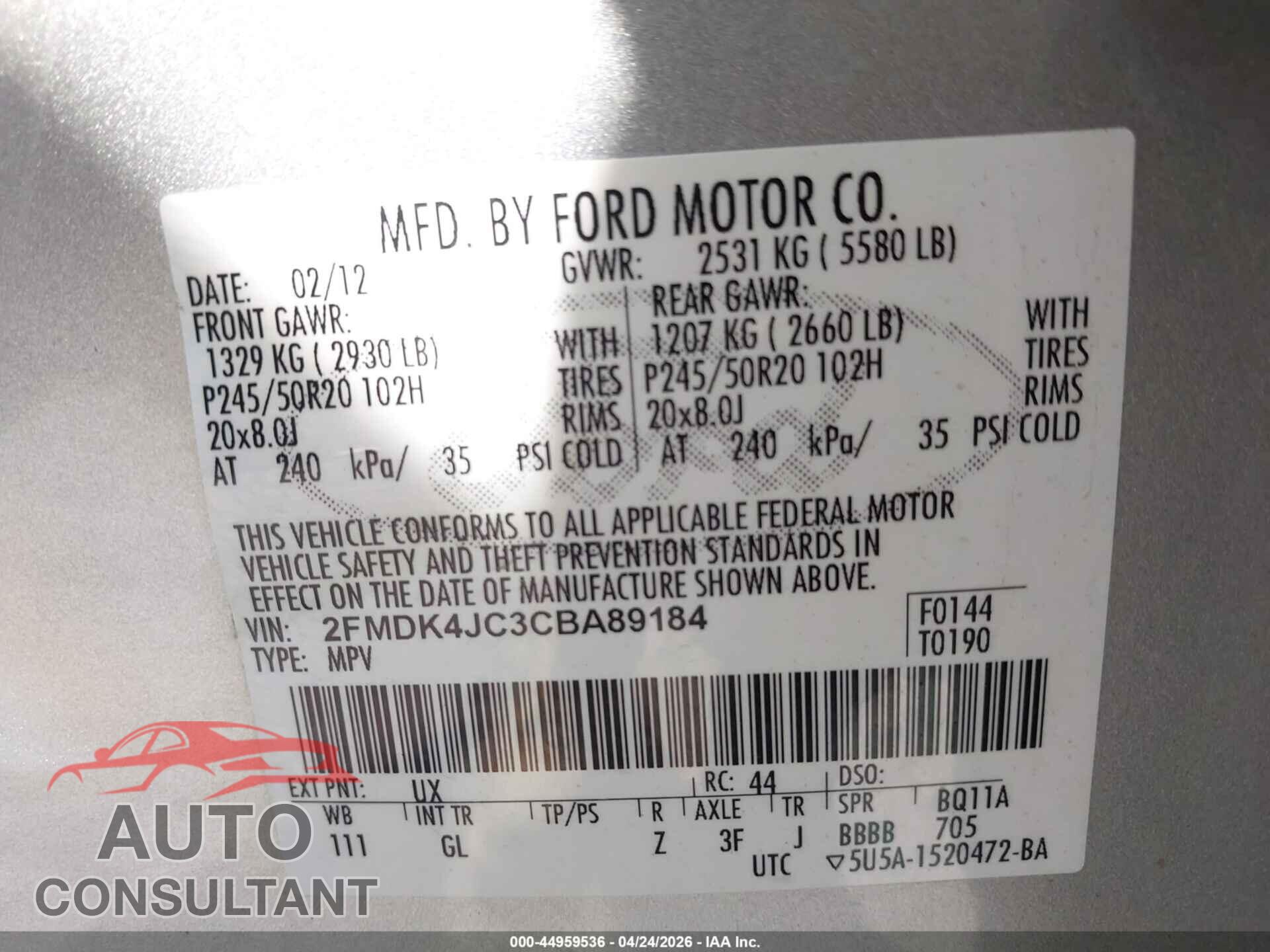 FORD EDGE 2012 - 2FMDK4JC3CBA89184