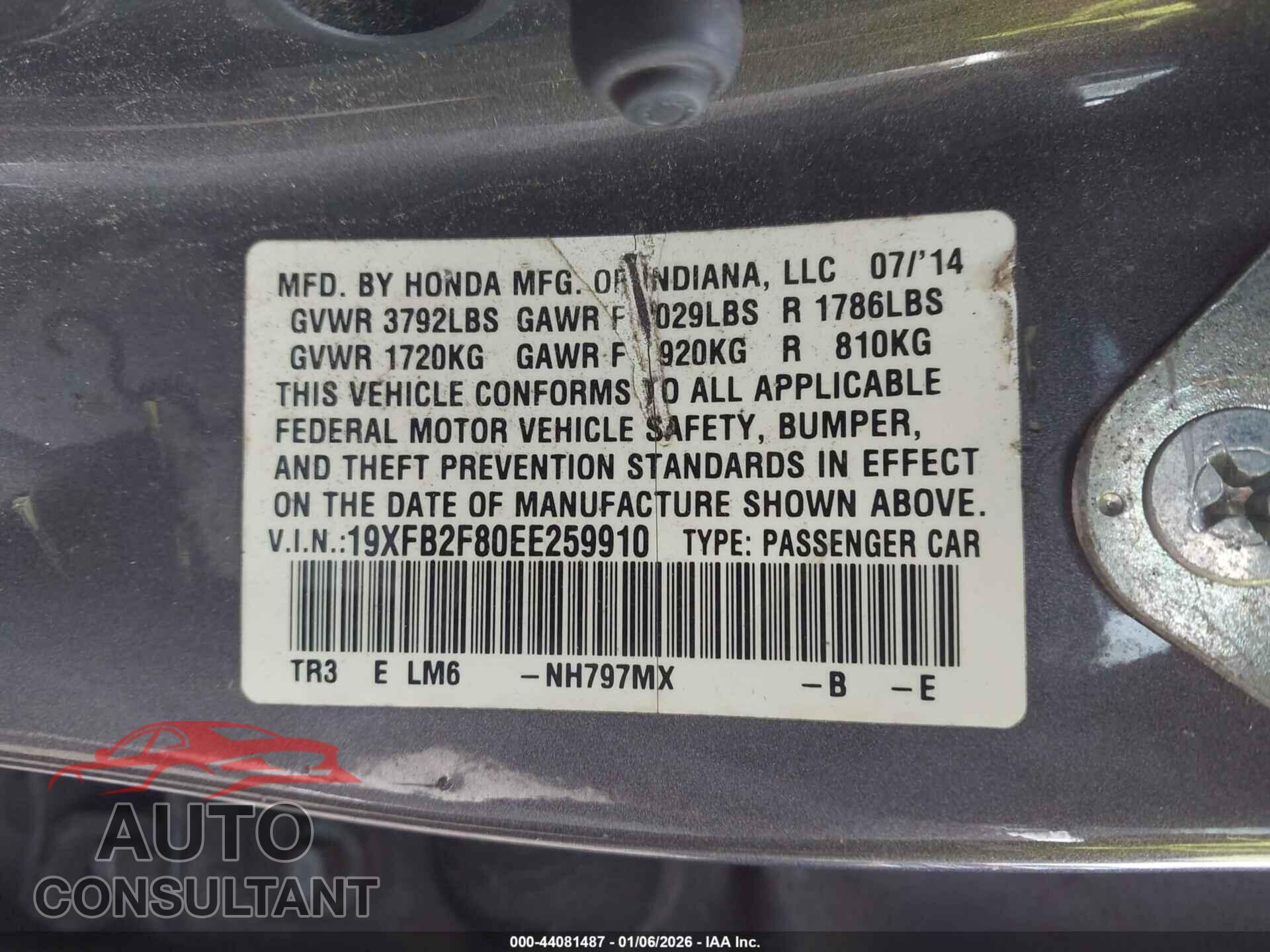 HONDA CIVIC 2014 - 19XFB2F80EE259910