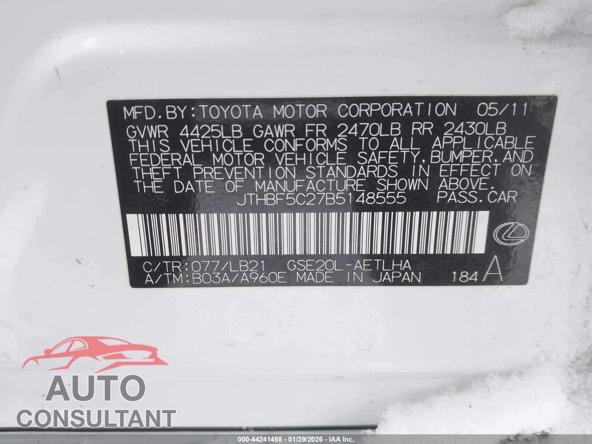 LEXUS IS 250 2011 - JTHBF5C27B5148555