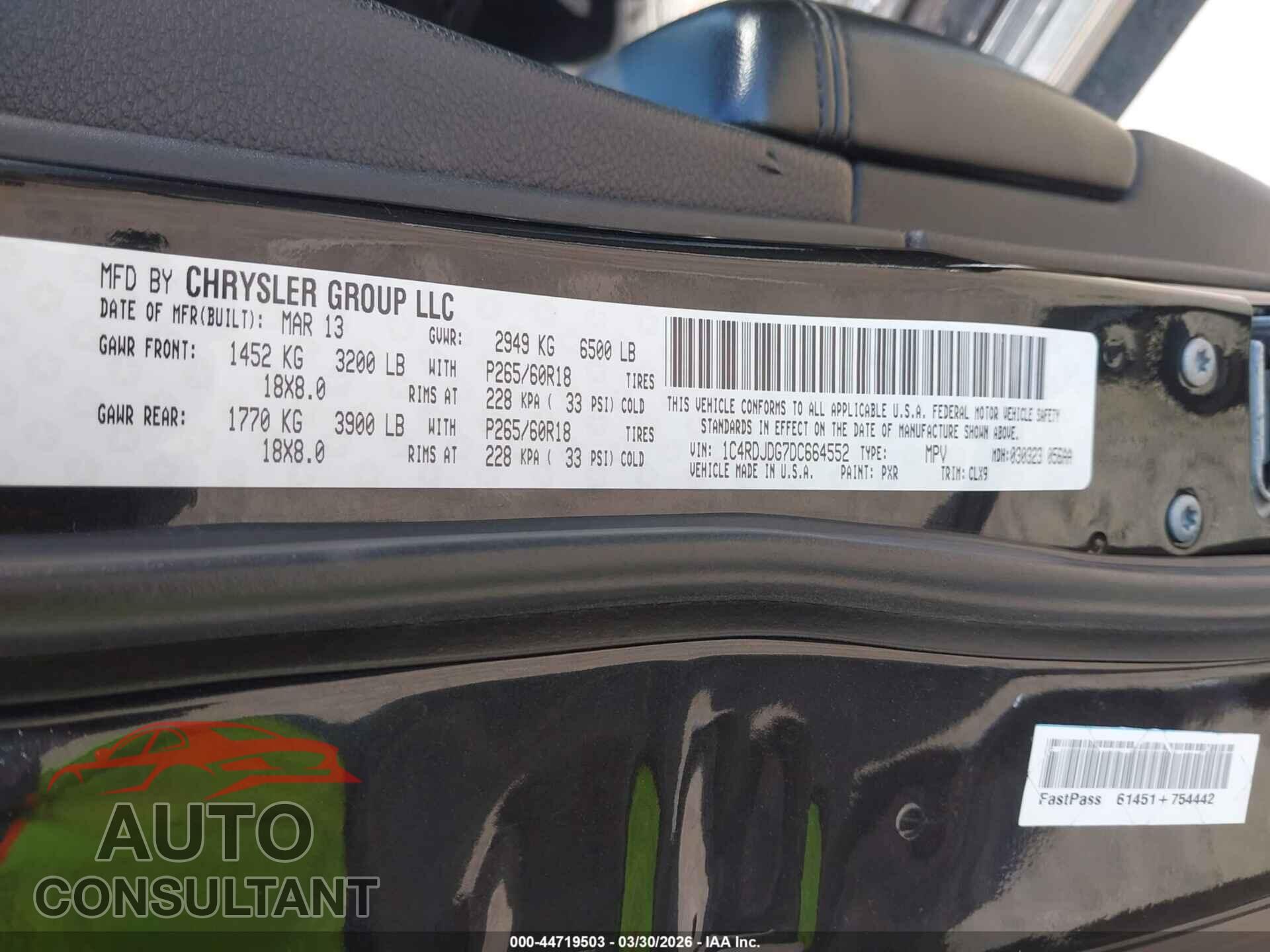 DODGE DURANGO 2013 - 1C4RDJDG7DC664552