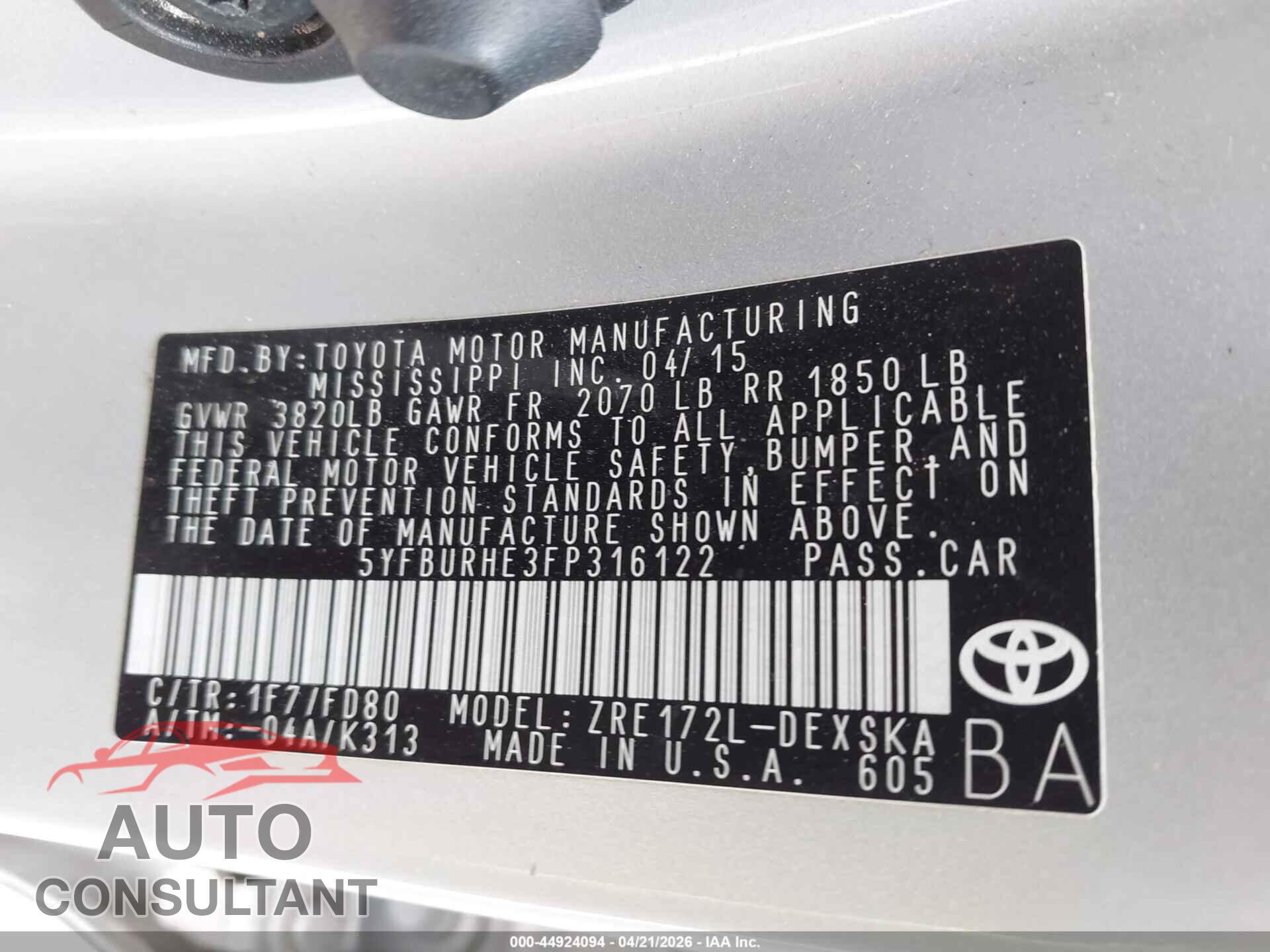 TOYOTA COROLLA 2015 - 5YFBURHE3FP316122