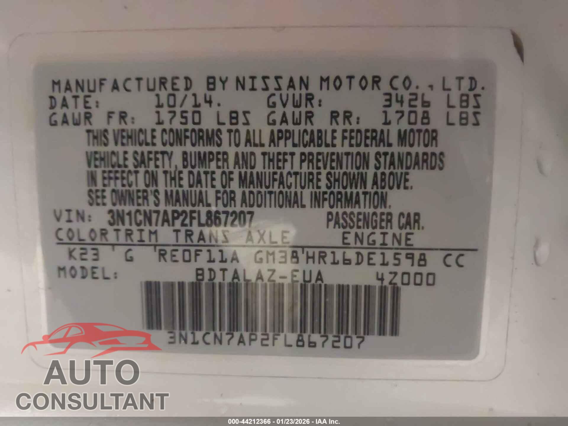 NISSAN VERSA 2015 - 3N1CN7AP2FL867207