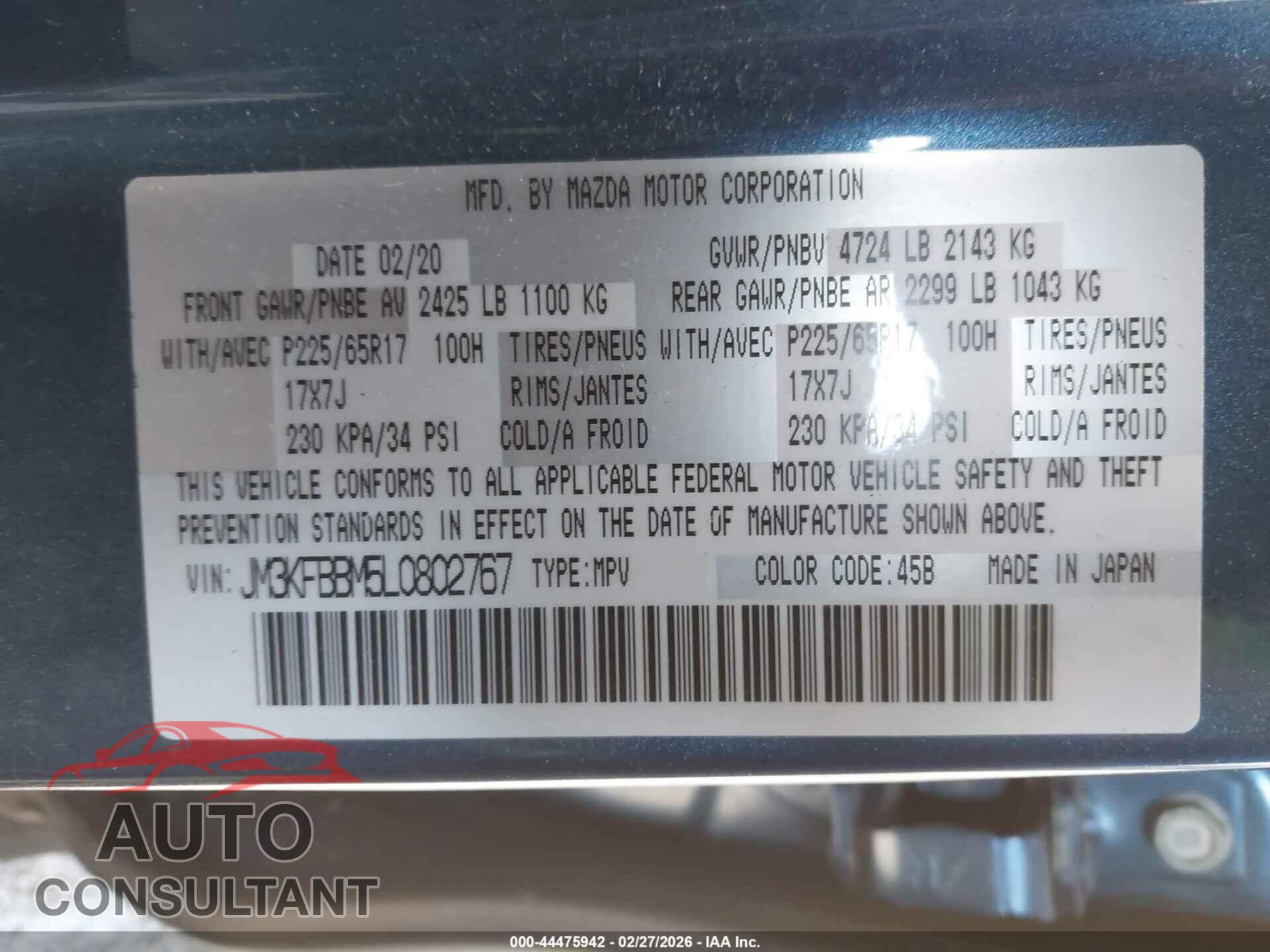MAZDA CX-5 2020 - JM3KFBBM5L0802767