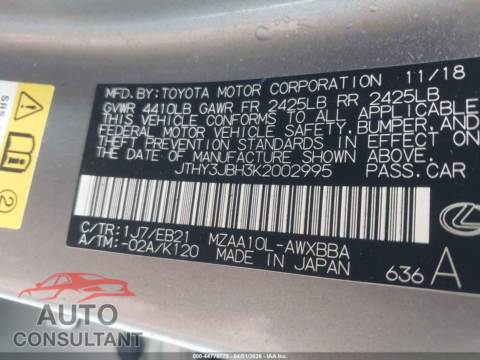 LEXUS UX 200 2019 - JTHY3JBH3K2002995