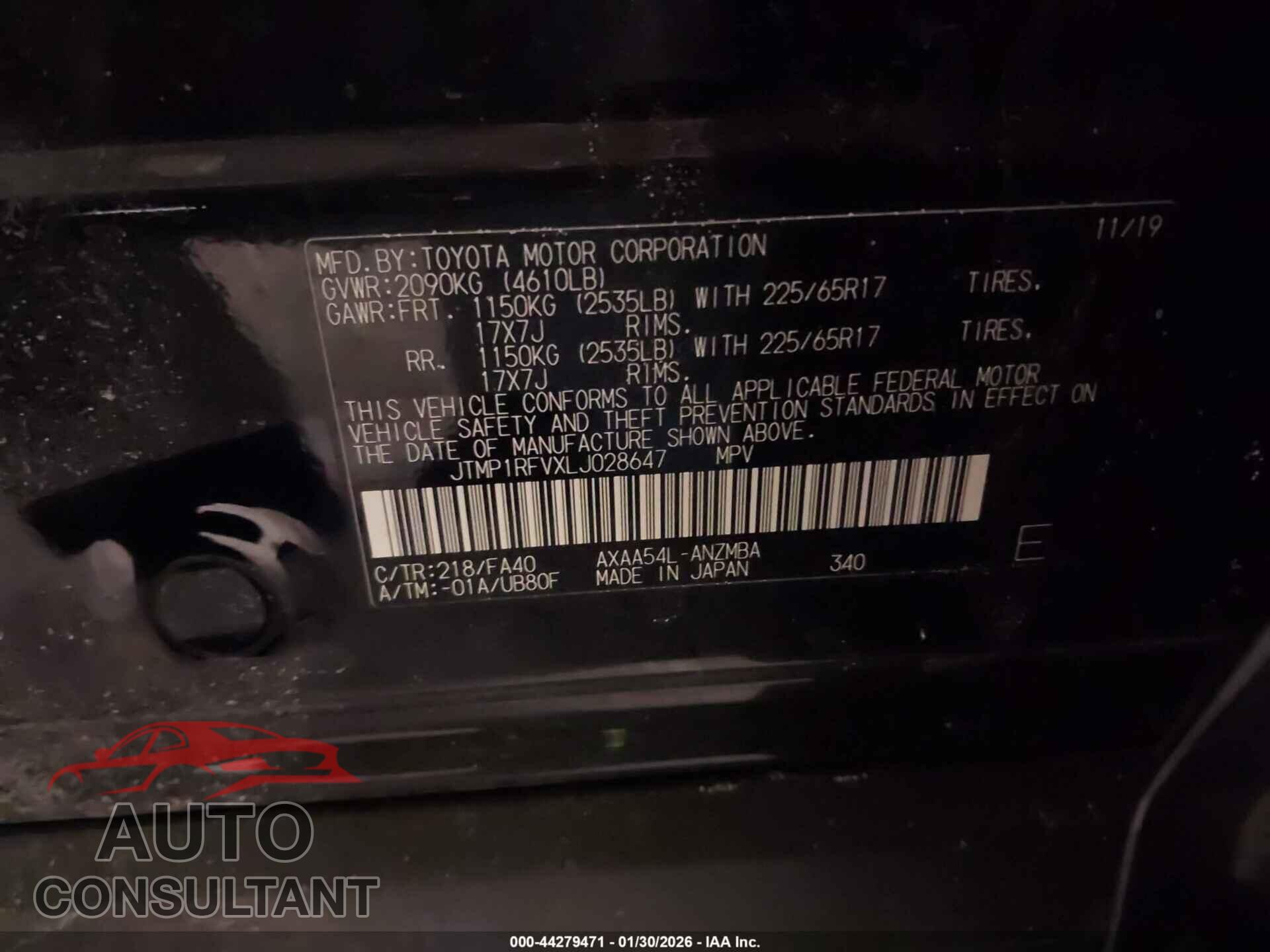 TOYOTA RAV4 2020 - JTMP1RFVXLJ028647