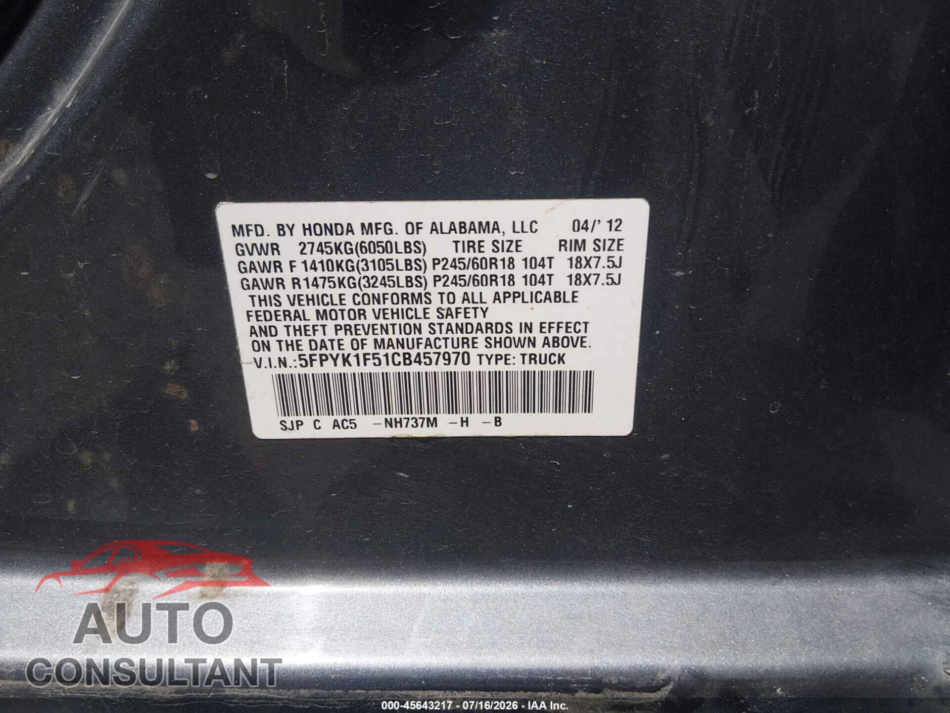 HONDA RIDGELINE 2012 - 5FPYK1F51CB457970