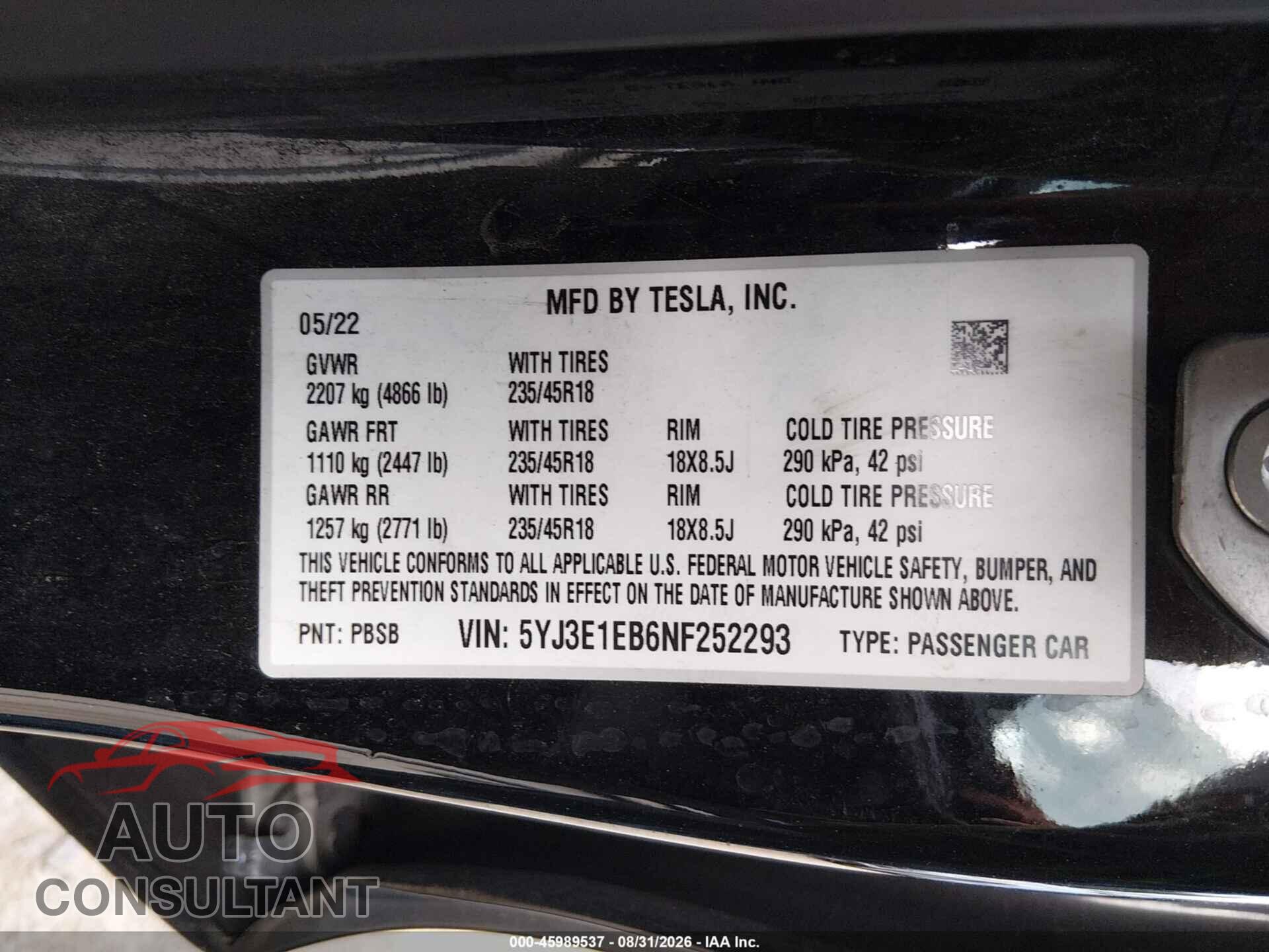 TESLA MODEL 3 2022 - 5YJ3E1EB6NF252293