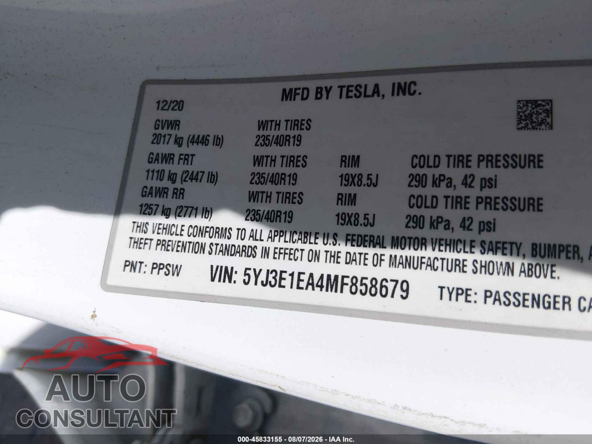TESLA MODEL 3 2021 - 5YJ3E1EA4MF858679