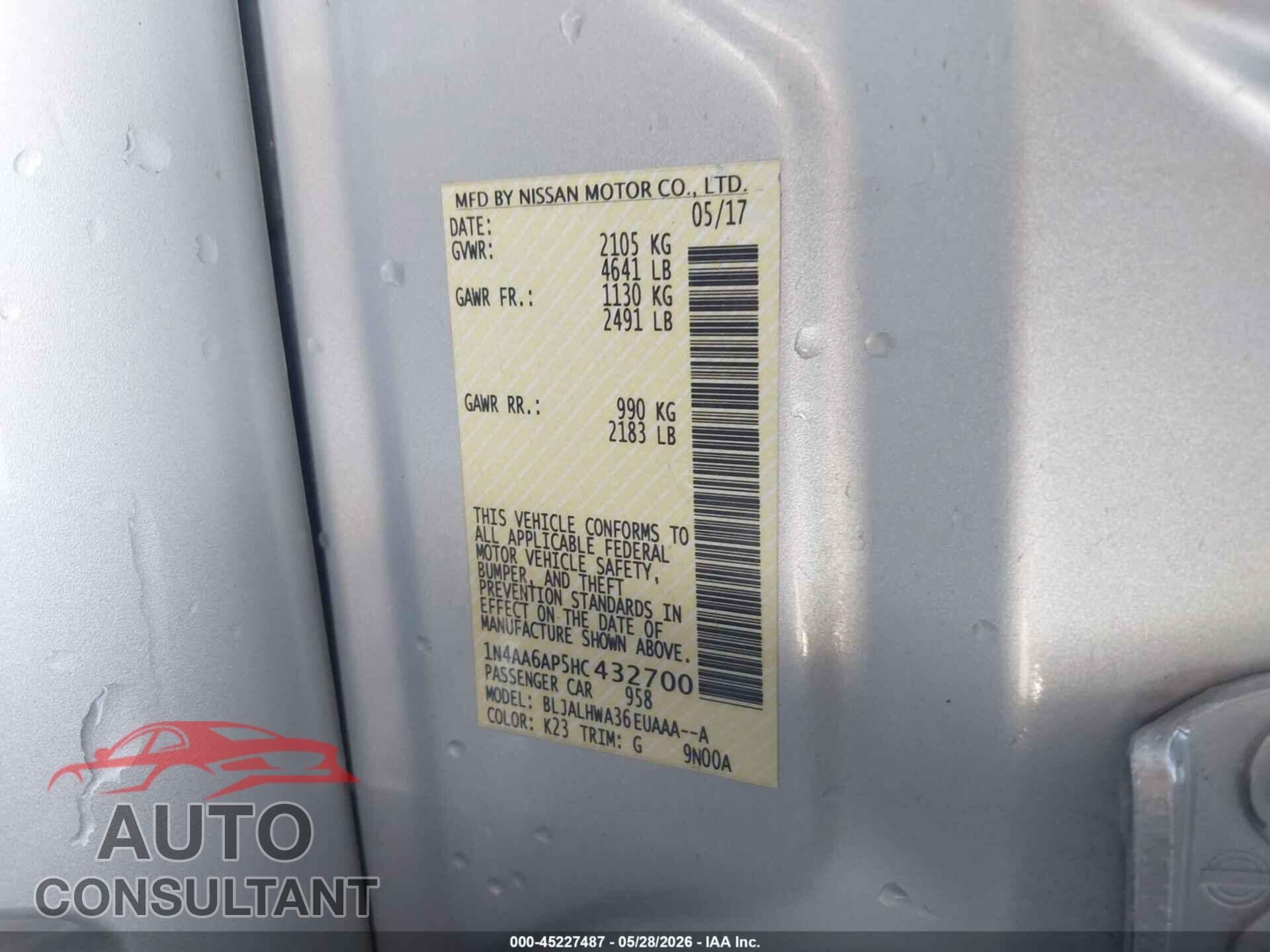 NISSAN MAXIMA 2017 - 1N4AA6AP5HC432700