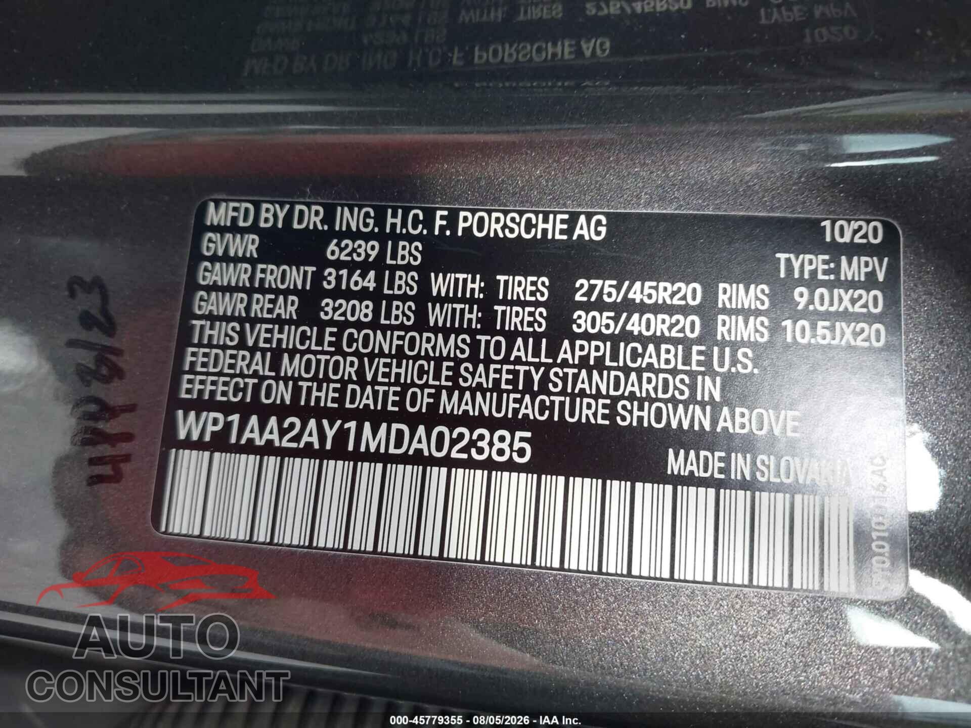 PORSCHE CAYENNE 2021 - WP1AA2AY1MDA02385