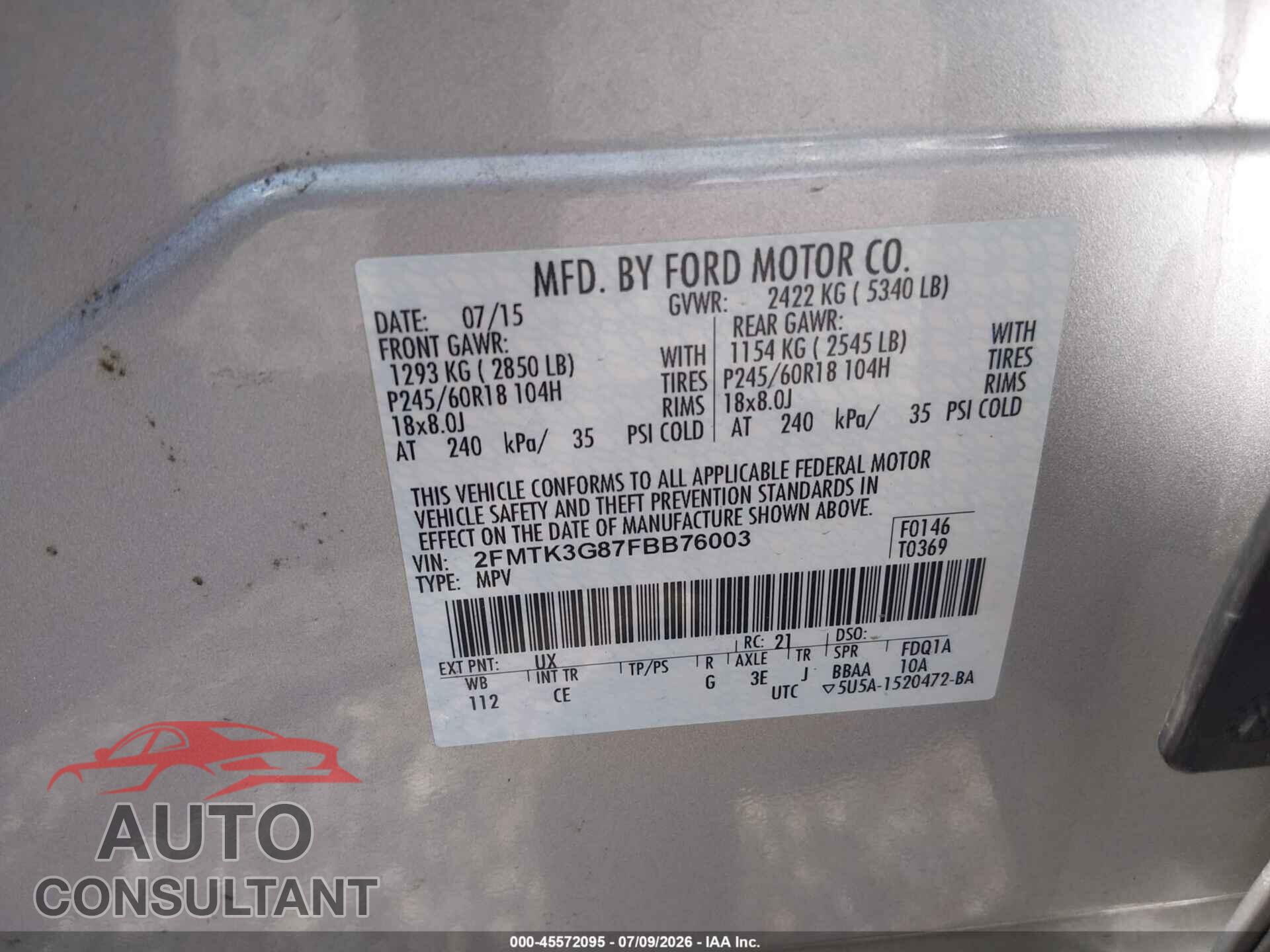 FORD EDGE 2015 - 2FMTK3G87FBB76003