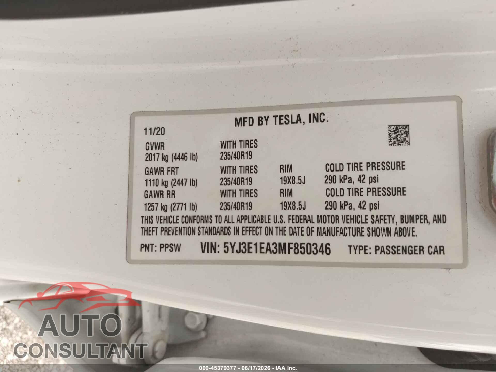 TESLA MODEL 3 2021 - 5YJ3E1EA3MF850346