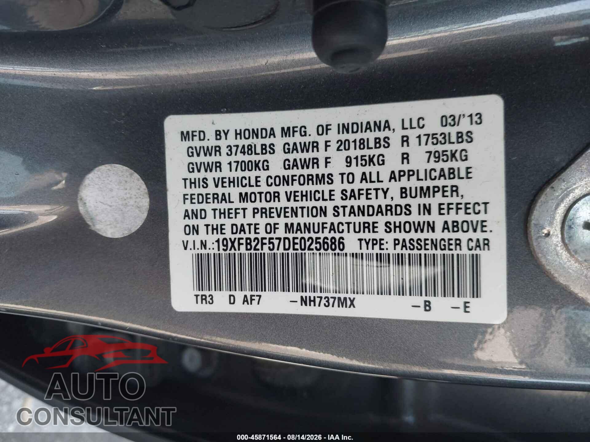 HONDA CIVIC 2013 - 19XFB2F57DE025686