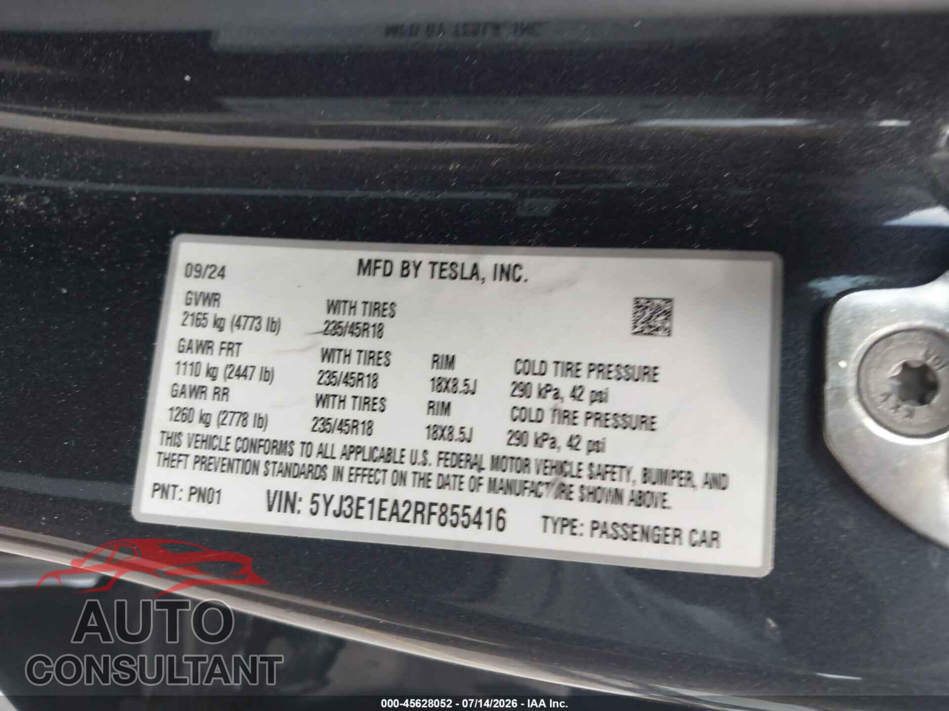 TESLA MODEL 3 2024 - 5YJ3E1EA2RF855416
