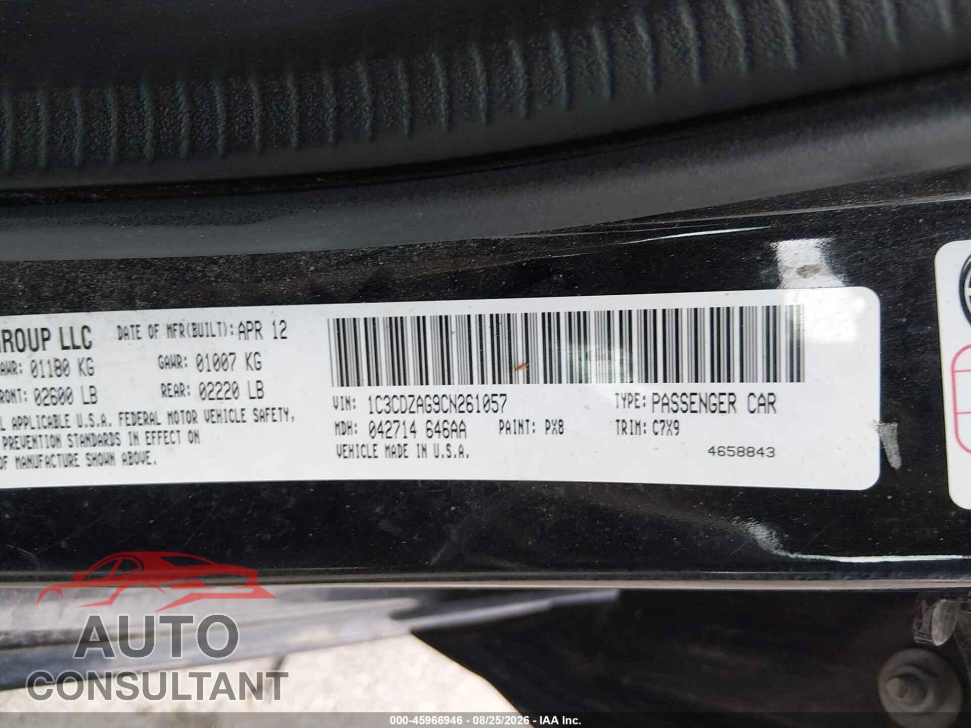 DODGE AVENGER 2012 - 1C3CDZAG9CN261057
