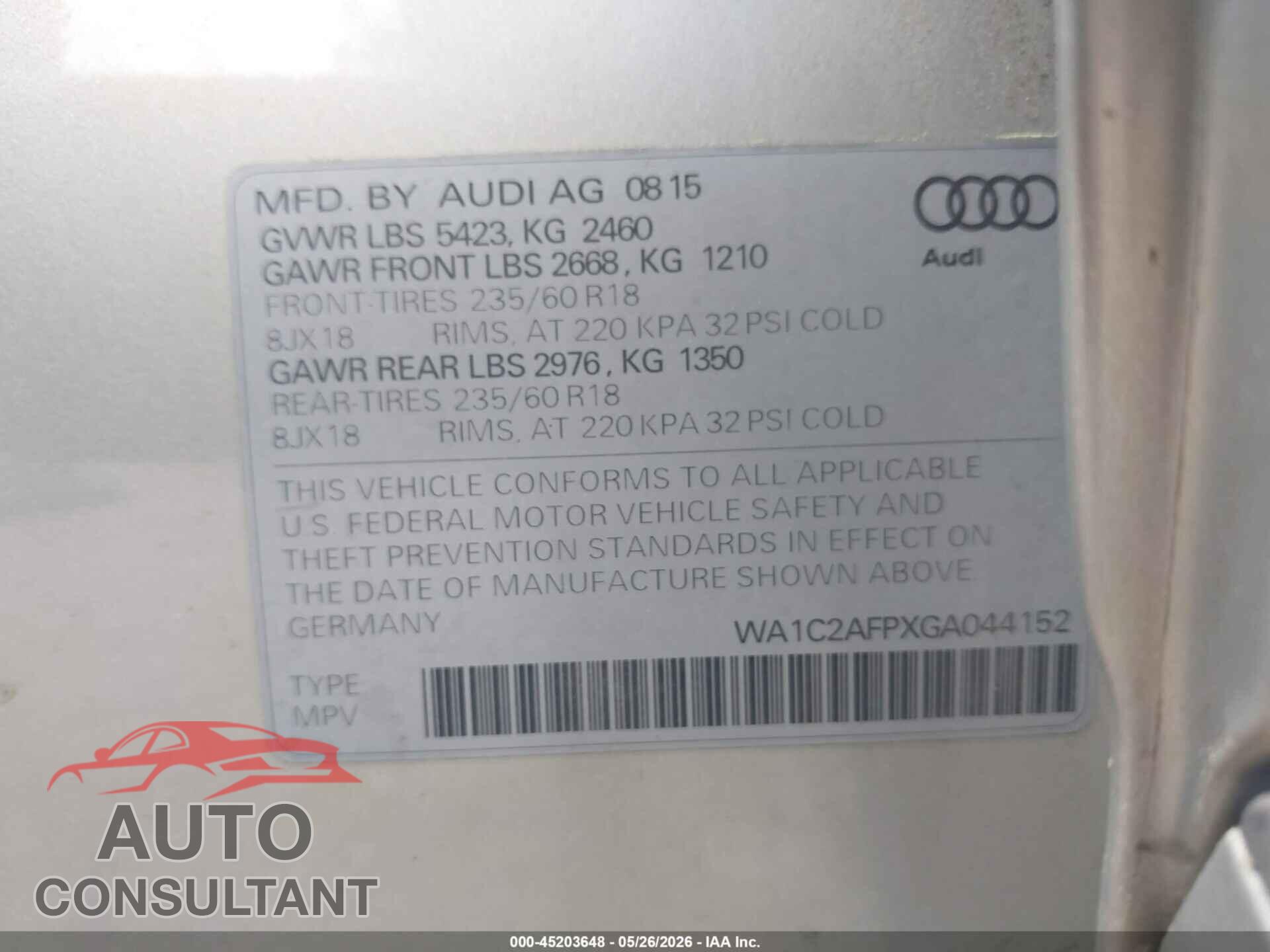 AUDI Q5 2016 - WA1C2AFPXGA044152