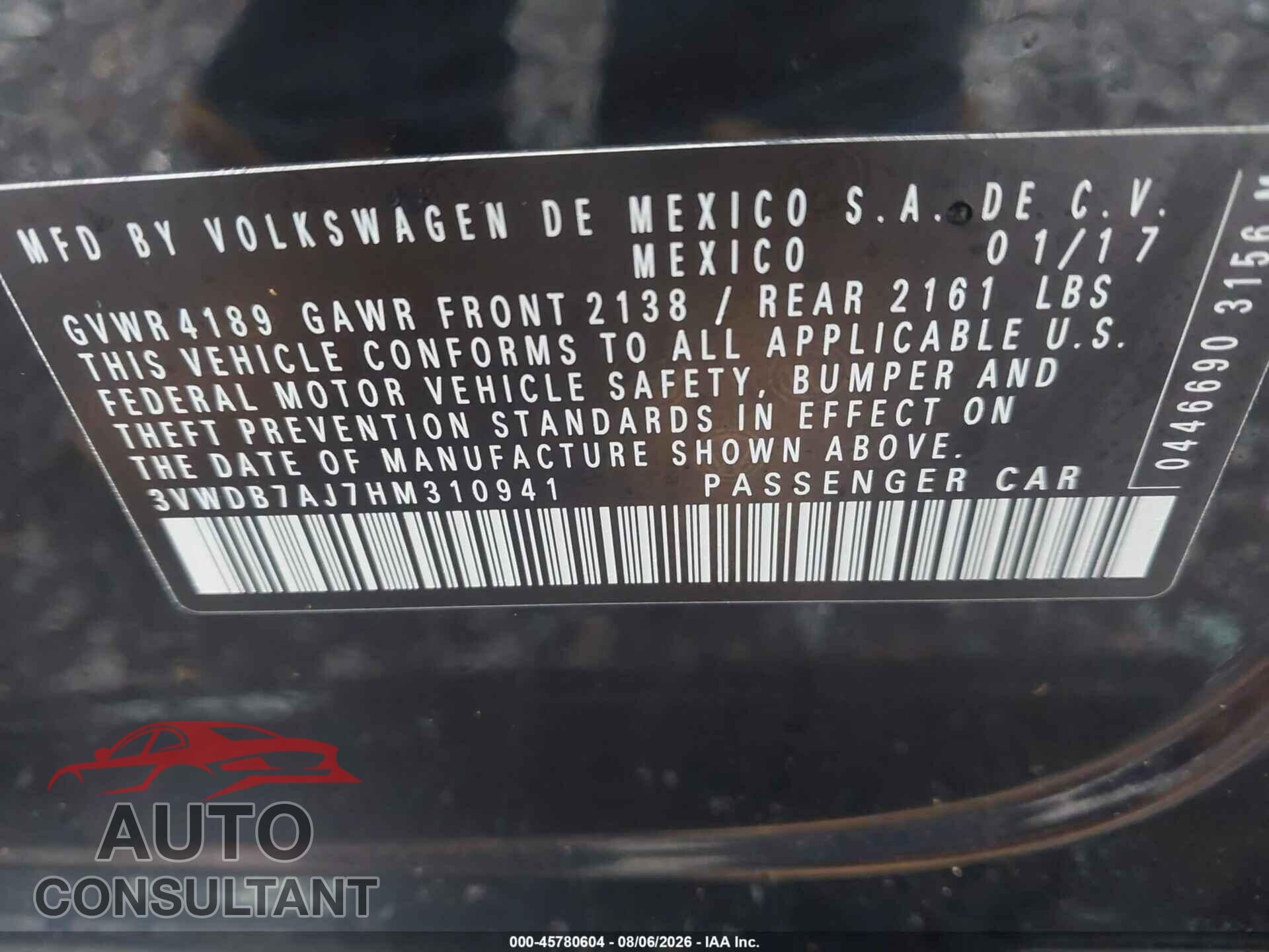 VOLKSWAGEN JETTA 2017 - 3VWDB7AJ7HM310941