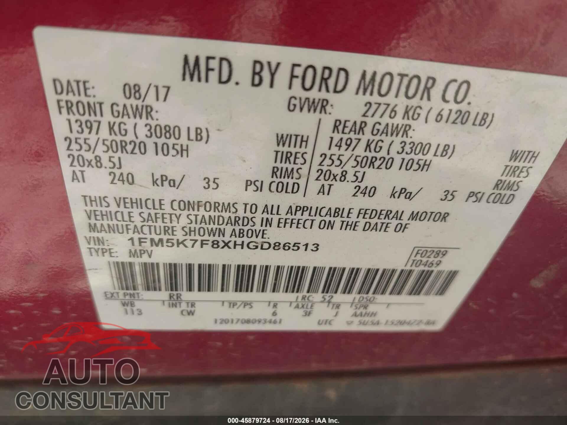 FORD EXPLORER 2017 - 1FM5K7F8XHGD86513