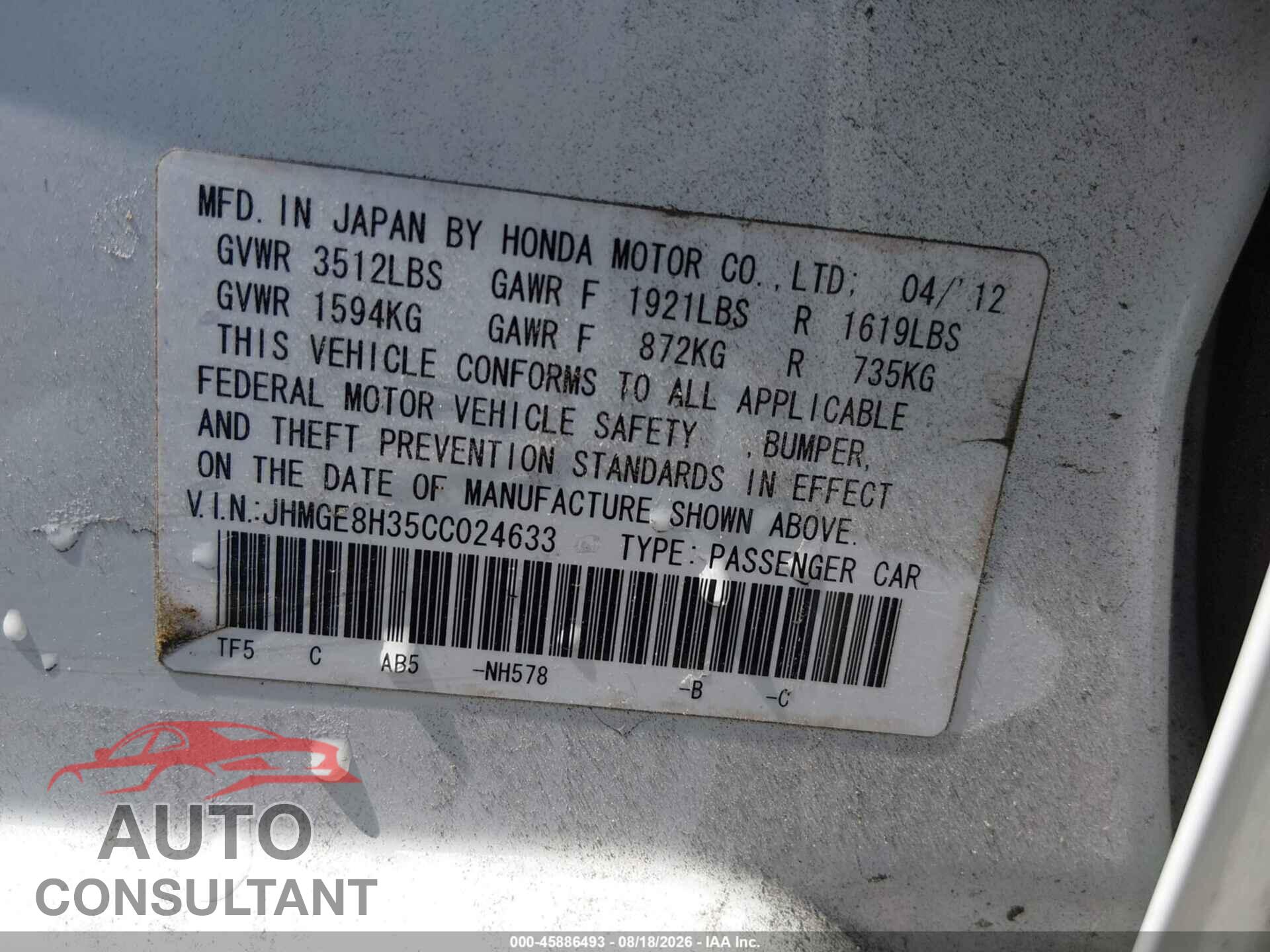 HONDA FIT 2012 - JHMGE8H35CC024633