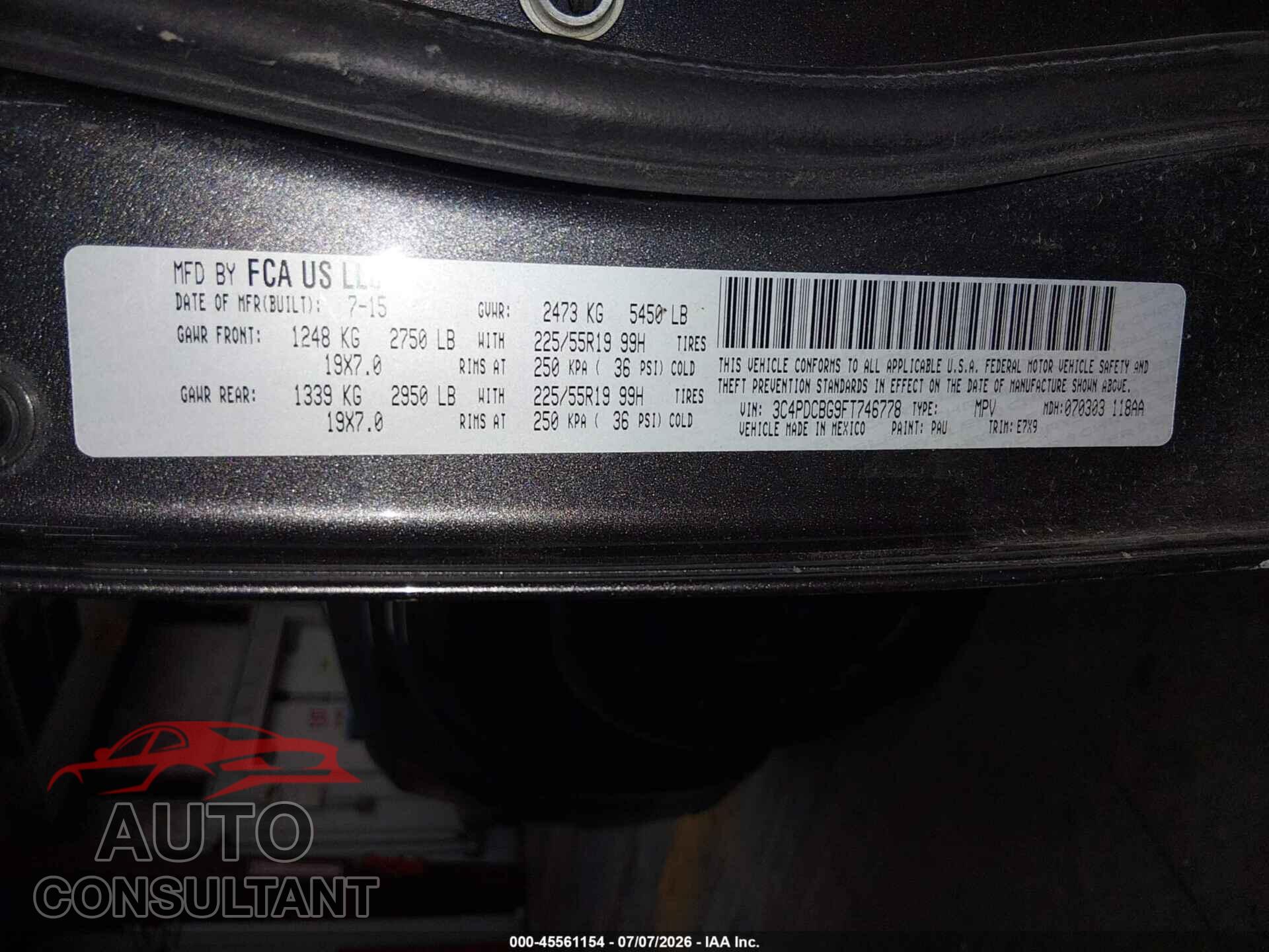 DODGE JOURNEY 2015 - 3C4PDCBG9FT746778