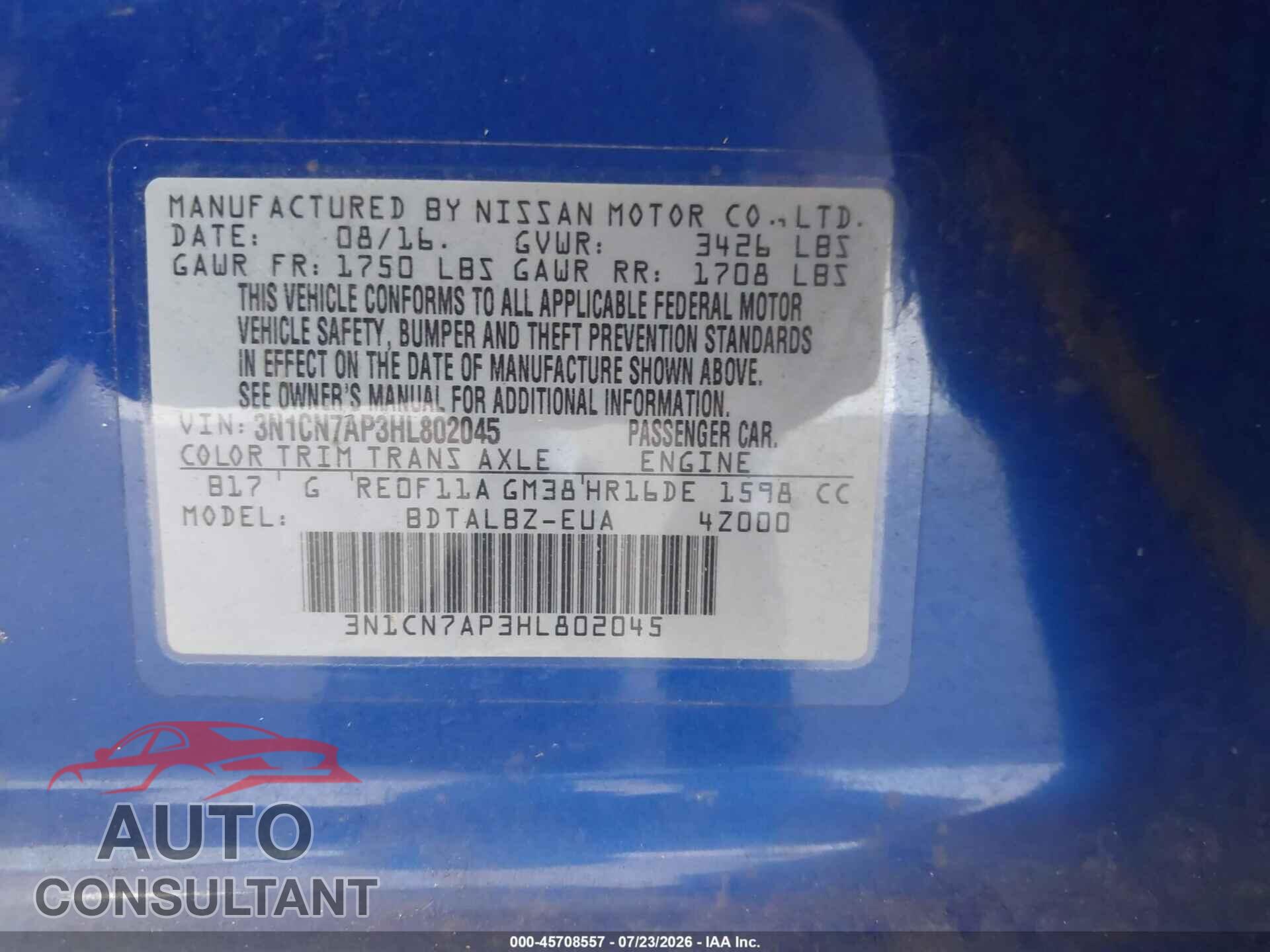 NISSAN VERSA 2017 - 3N1CN7AP3HL802045