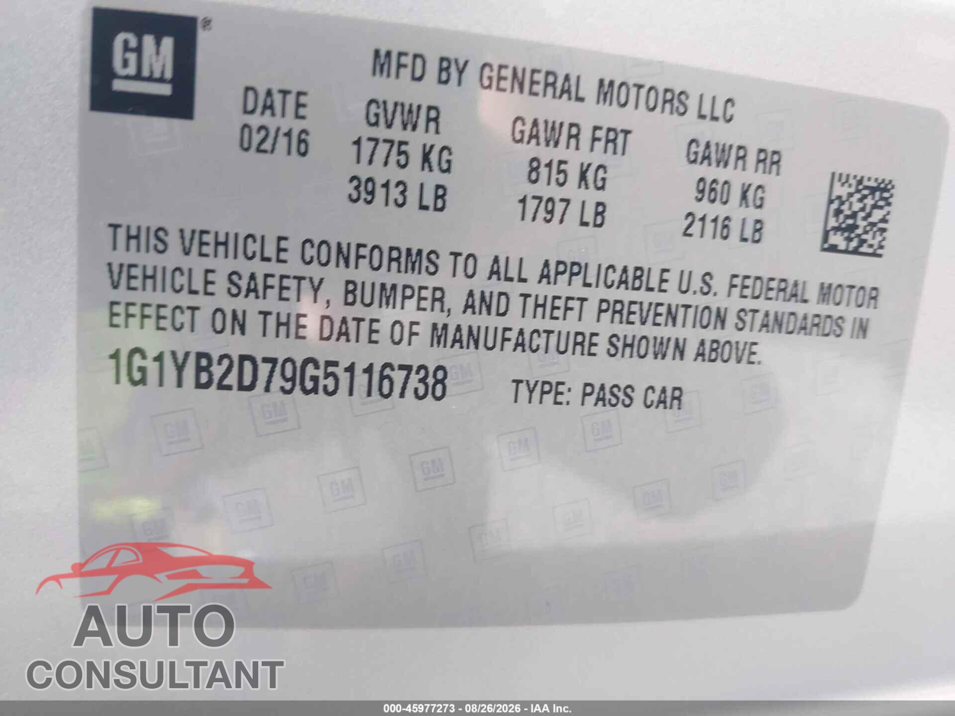 CHEVROLET CORVETTE 2016 - 1G1YB2D79G5116738