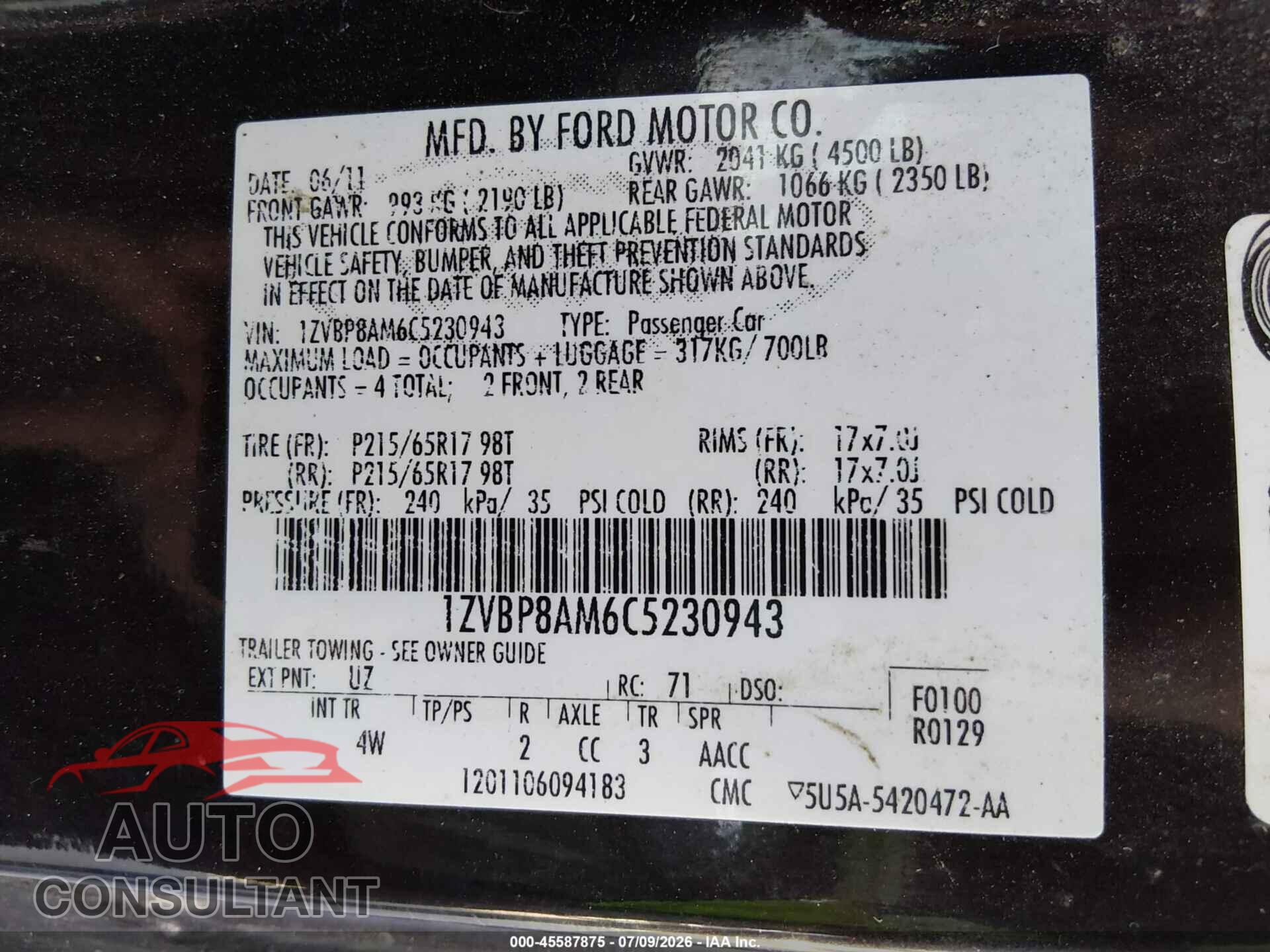 FORD MUSTANG 2012 - 1ZVBP8AM6C5230943