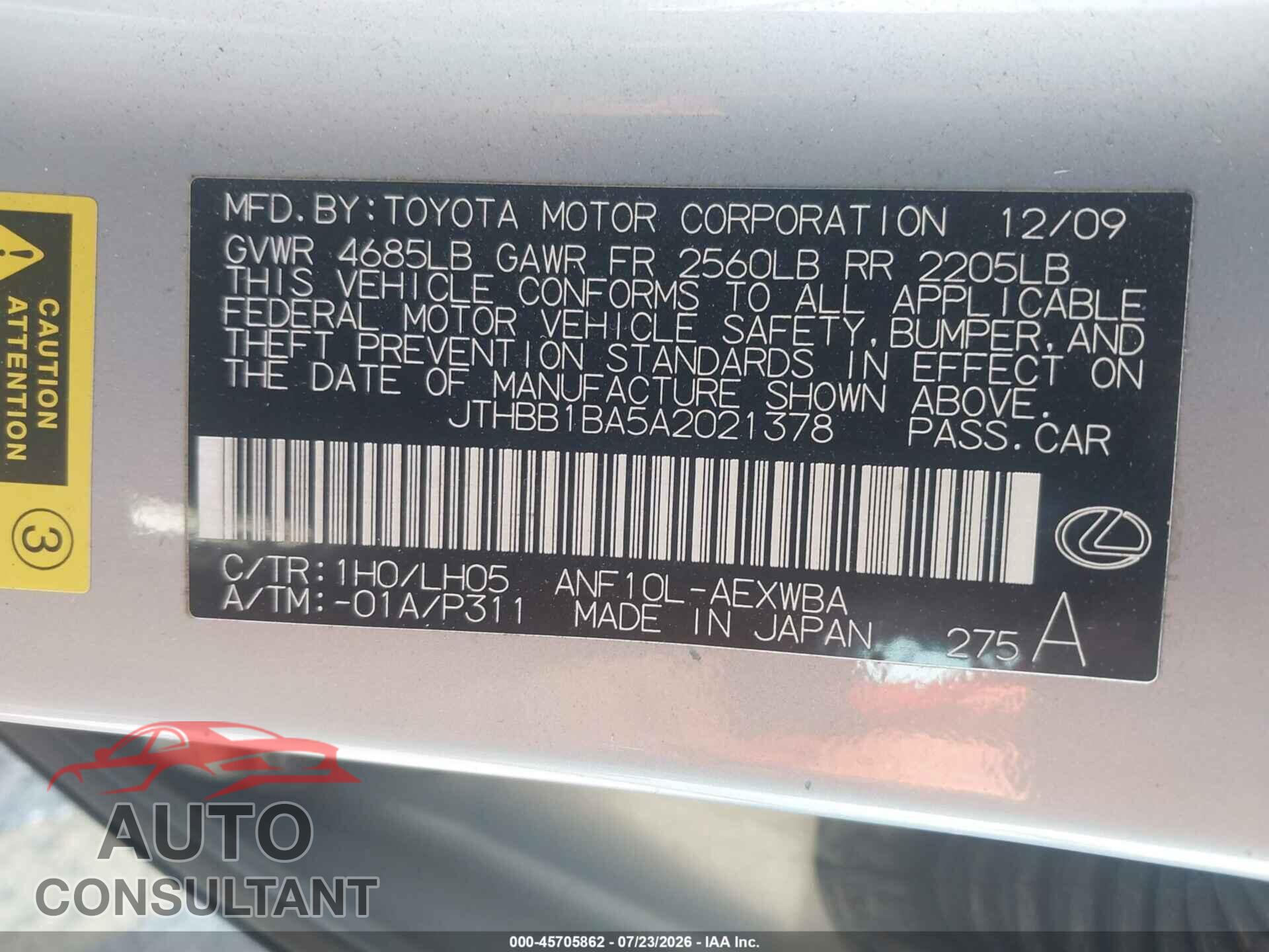 LEXUS HS 250H 2010 - JTHBB1BA5A2021378