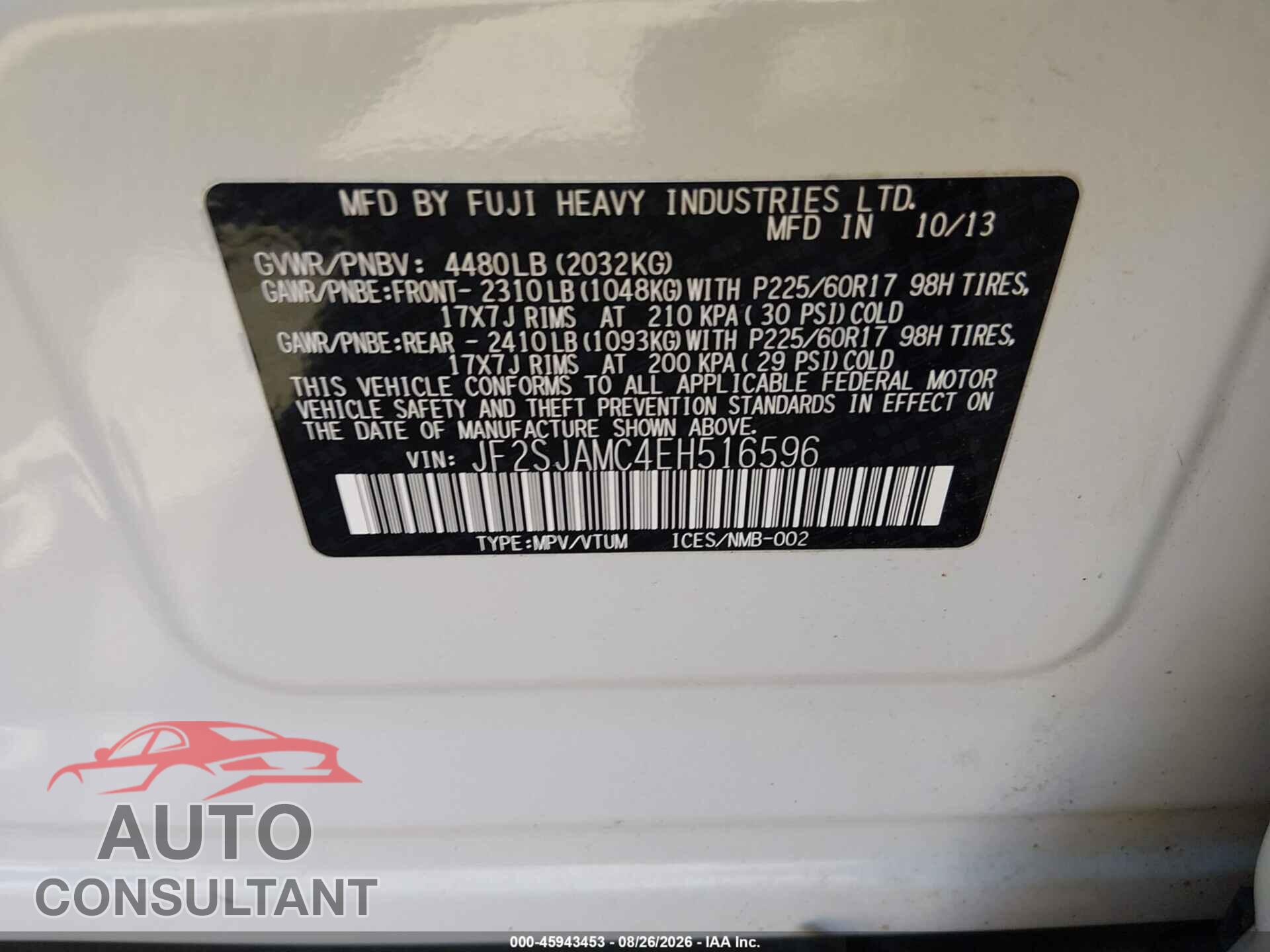 SUBARU FORESTER 2014 - JF2SJAMC4EH516596